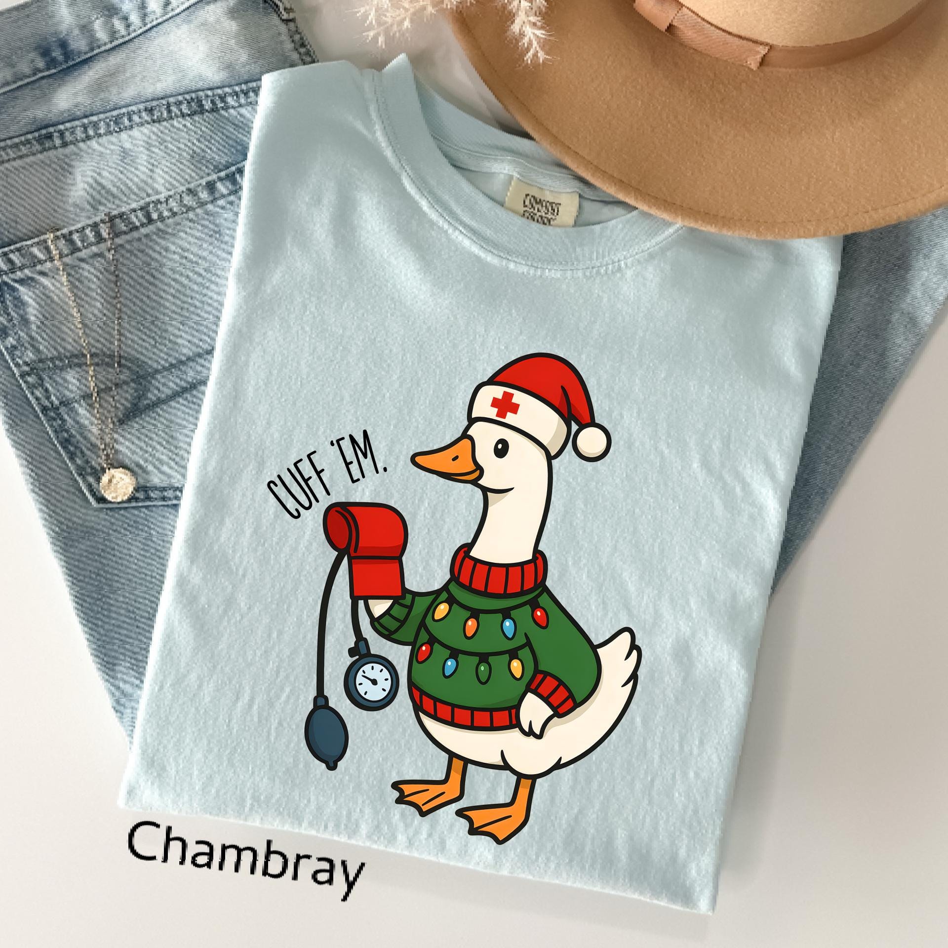 Comfort Colors© Cuff Em Funny Goose Nurse Christmas Shirt, Medical Humor RN Nurse Gift