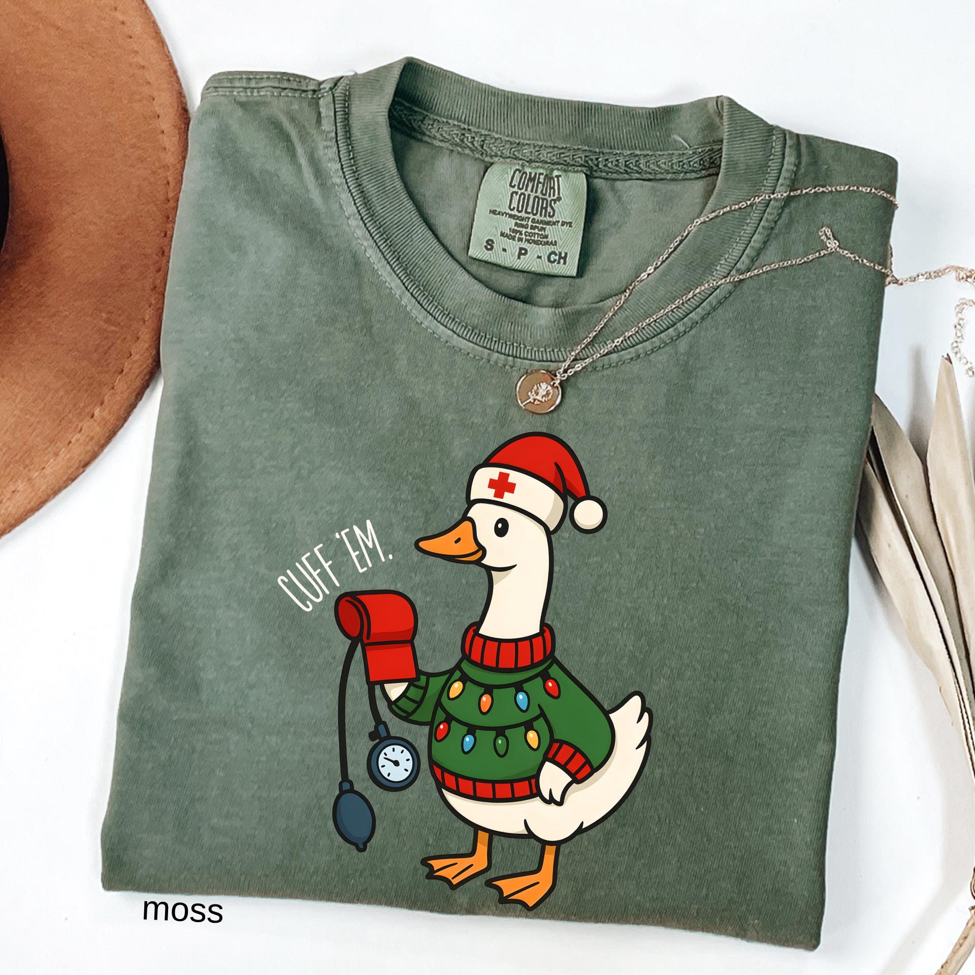 Comfort Colors© Cuff Em Funny Goose Nurse Christmas Shirt, Medical Humor RN Nurse Gift