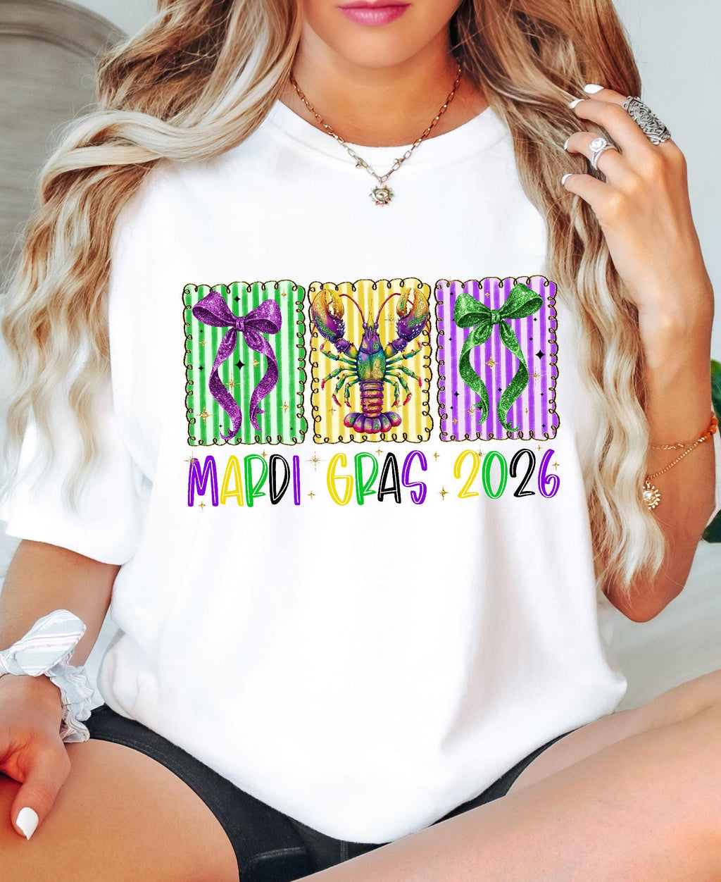 Comfort Colors© Mardi Gras 2026 Shirt: Crawfish And Coquette Bow Carnival Tee, Fat Tuesday New Orleans Festival Women Gift
