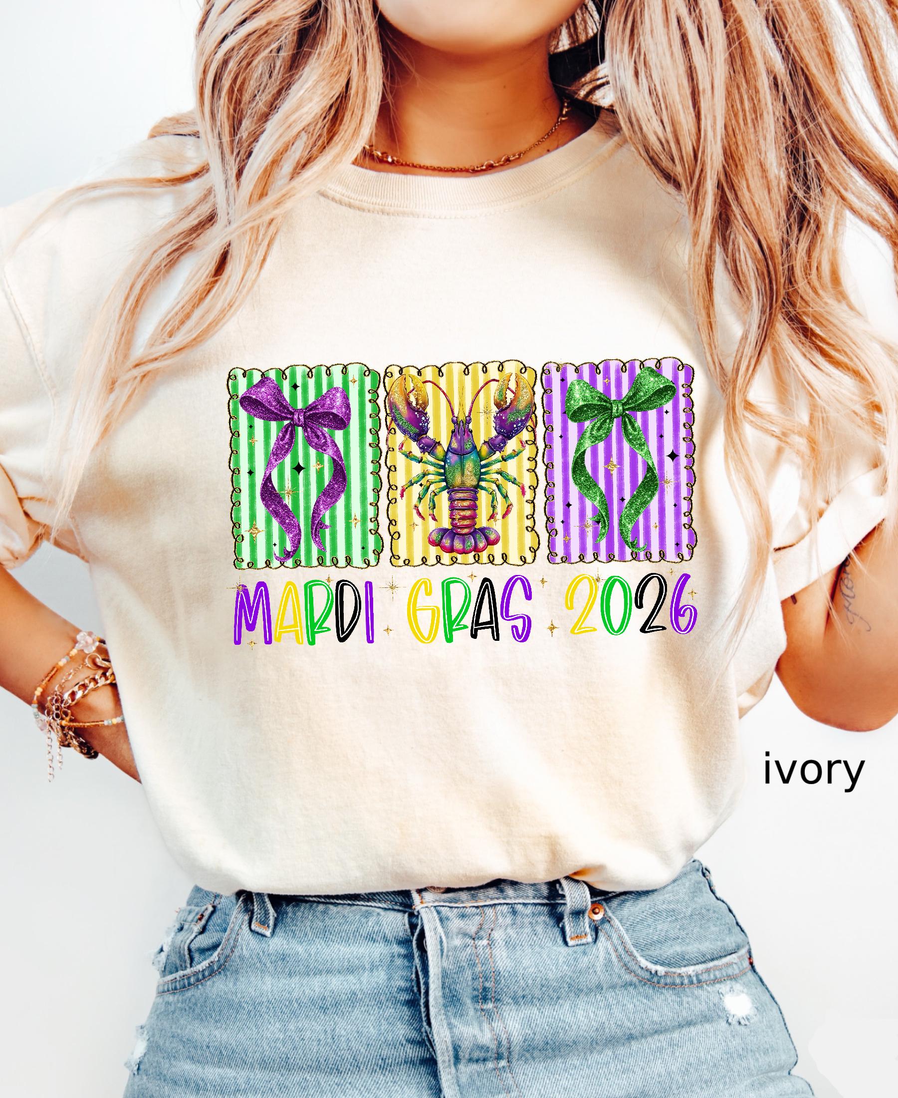 Comfort Colors© Mardi Gras 2026 Shirt: Crawfish And Coquette Bow Carnival Tee, Fat Tuesday New Orleans Festival Women Gift