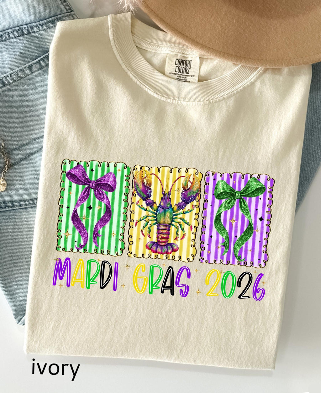 Comfort Colors© Mardi Gras 2026 Shirt: Crawfish And Coquette Bow Carnival Tee, Fat Tuesday New Orleans Festival Women Gift