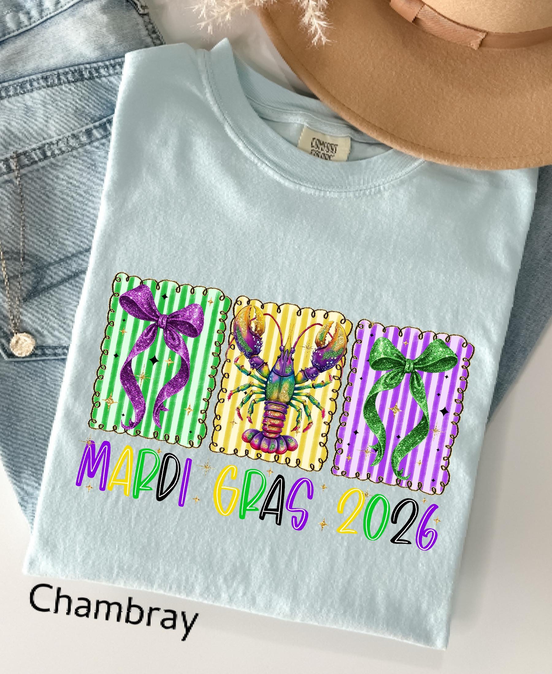 Comfort Colors© Mardi Gras 2026 Shirt: Crawfish And Coquette Bow Carnival Tee, Fat Tuesday New Orleans Festival Women Gift