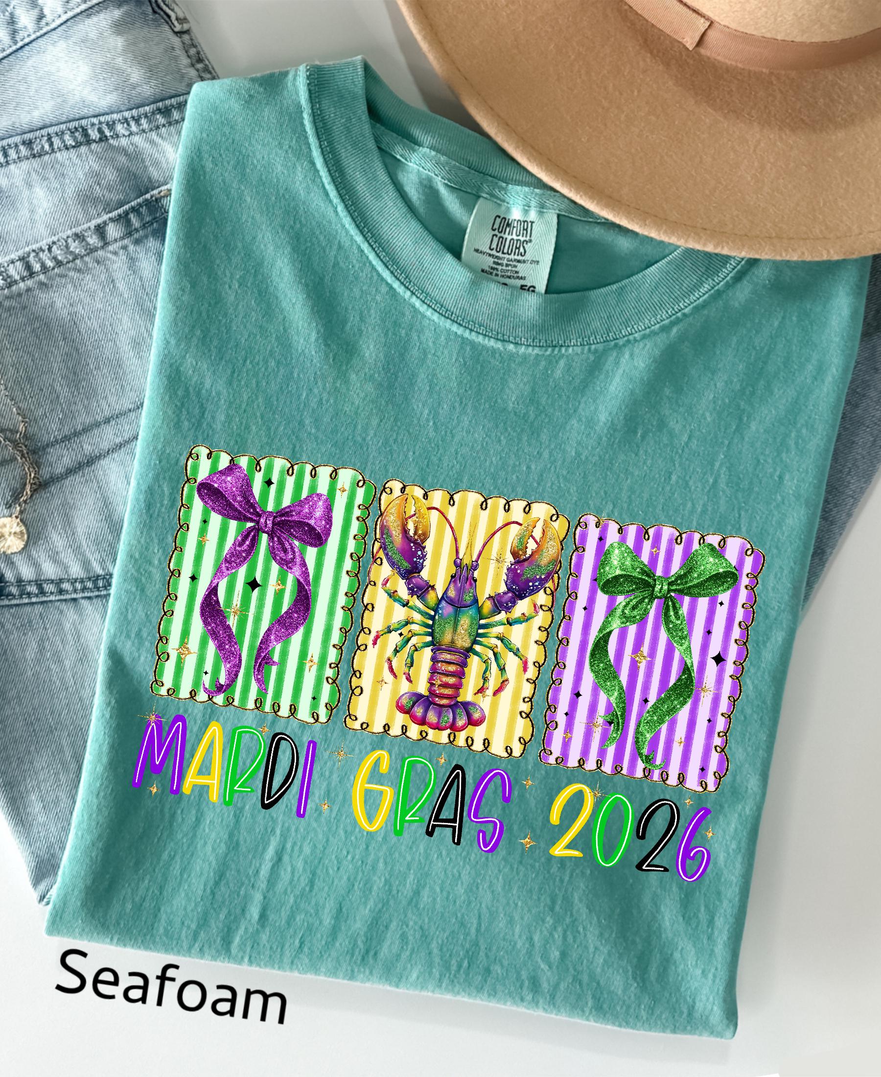 Comfort Colors© Mardi Gras 2026 Shirt: Crawfish And Coquette Bow Carnival Tee, Fat Tuesday New Orleans Festival Women Gift