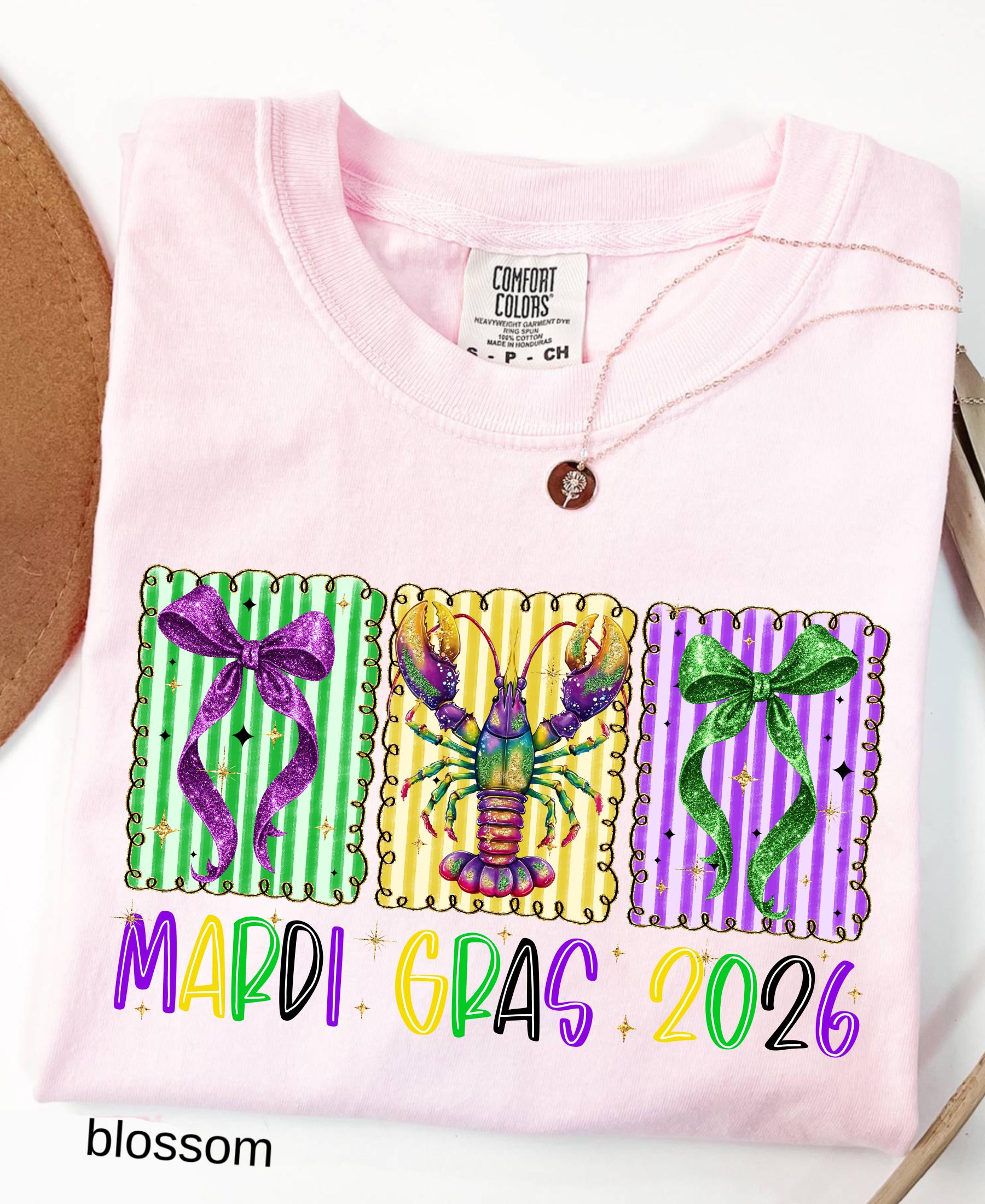 Comfort Colors© Mardi Gras 2026 Shirt: Crawfish And Coquette Bow Carnival Tee, Fat Tuesday New Orleans Festival Women Gift