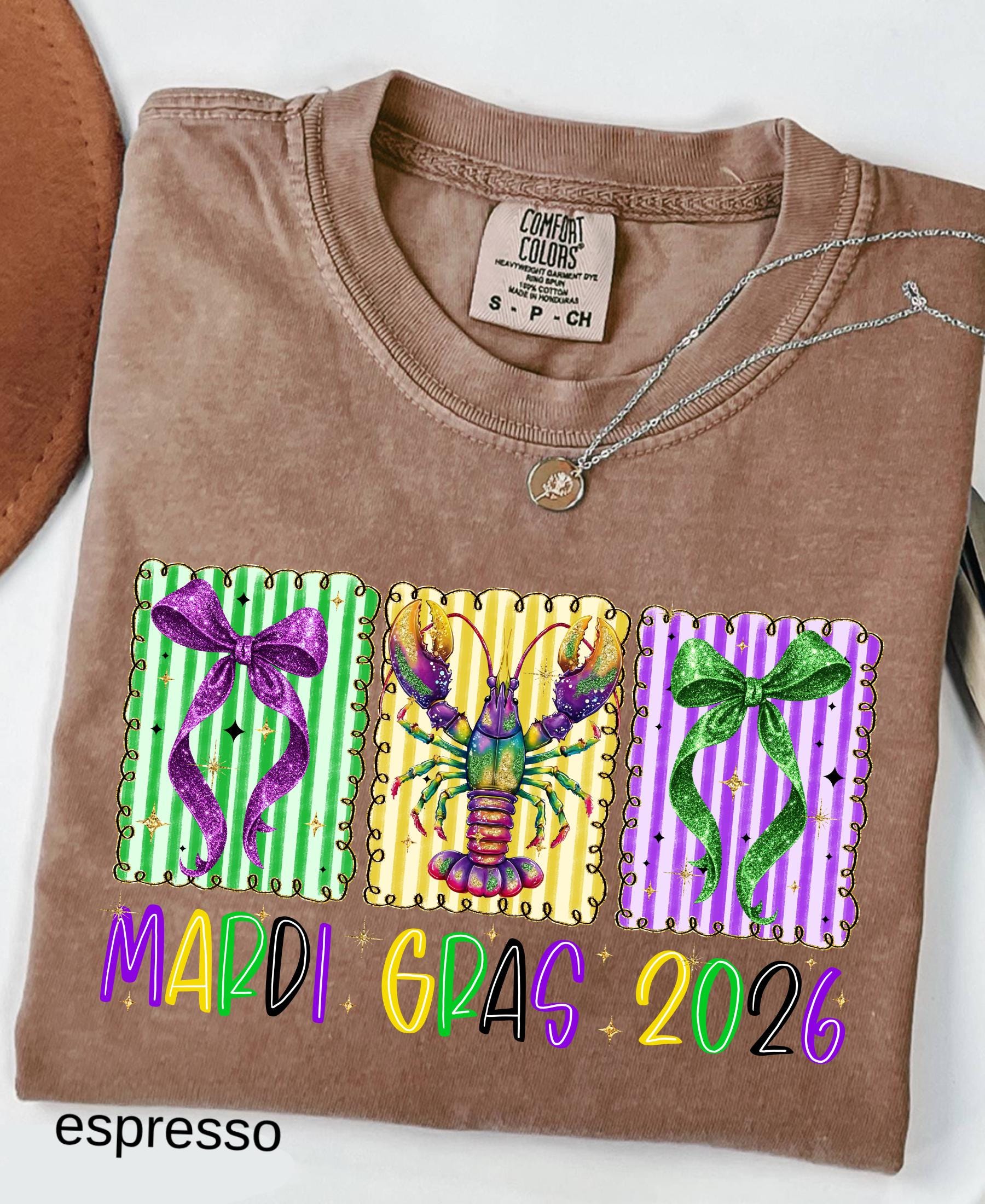 Comfort Colors© Mardi Gras 2026 Shirt: Crawfish And Coquette Bow Carnival Tee, Fat Tuesday New Orleans Festival Women Gift