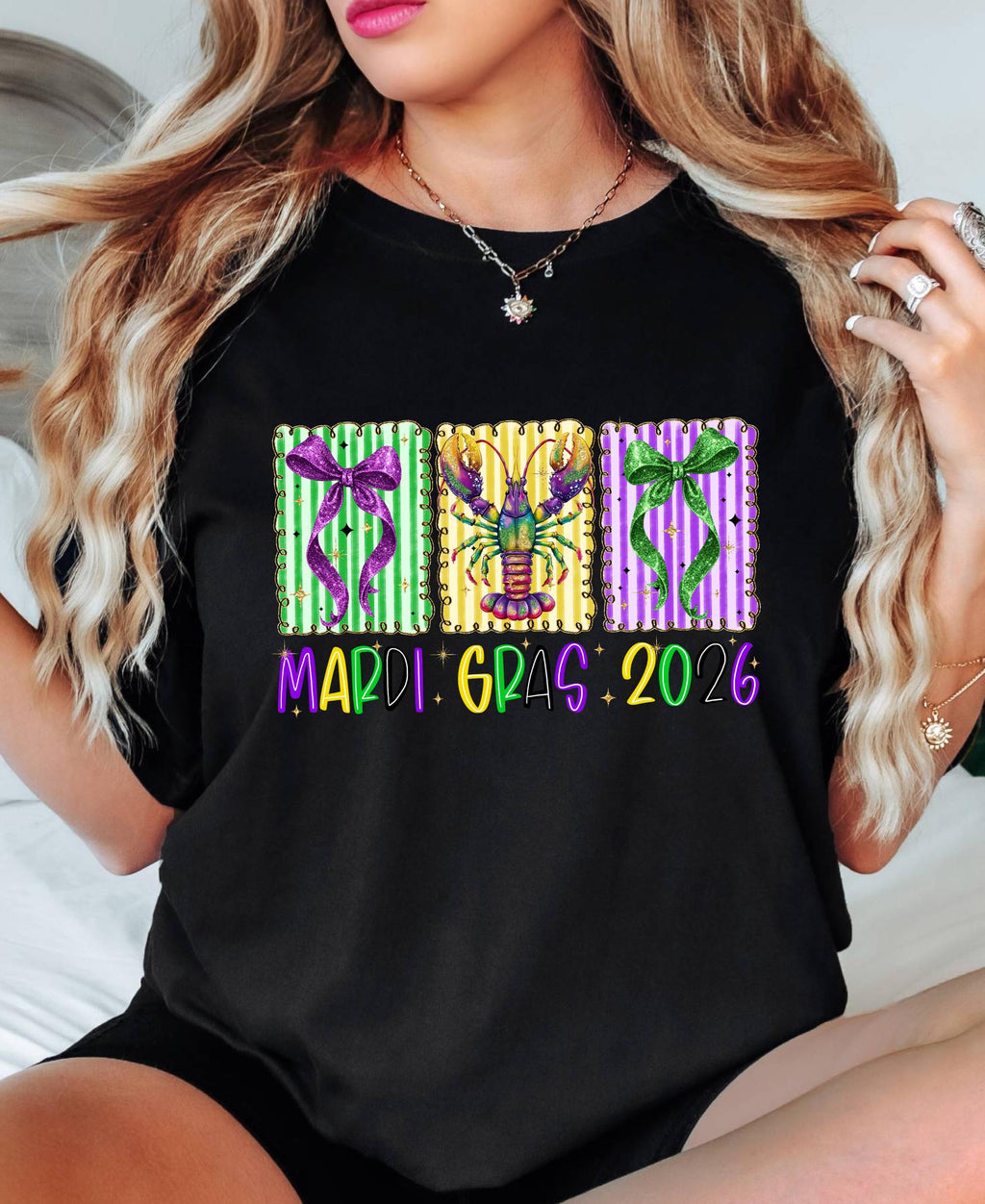 Comfort Colors© Mardi Gras 2026 Shirt: Crawfish And Coquette Bow Carnival Tee, Fat Tuesday New Orleans Festival Women Gift