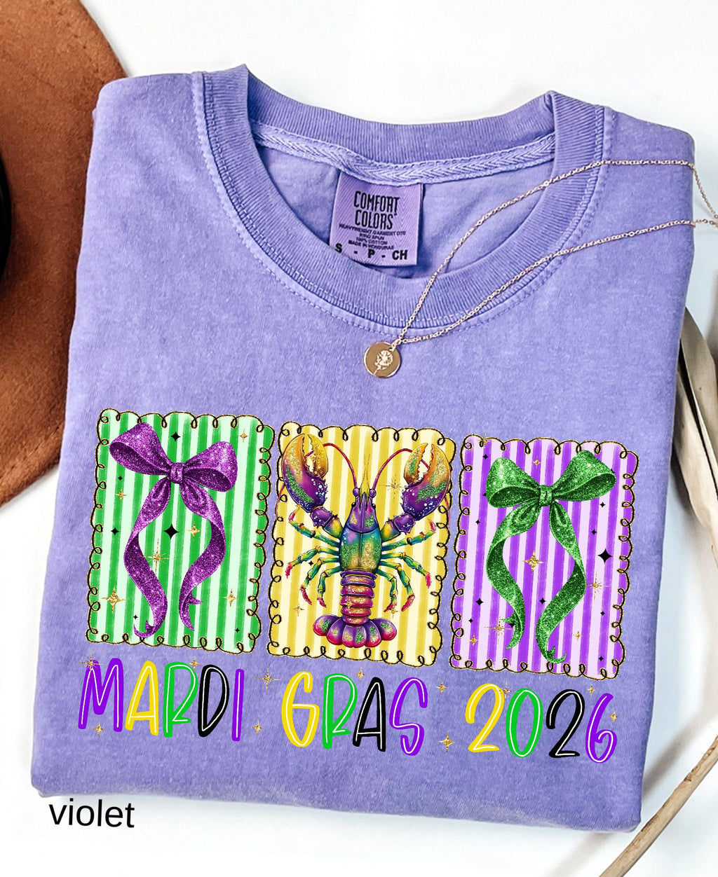 Comfort Colors© Mardi Gras 2026 Shirt: Crawfish And Coquette Bow Carnival Tee, Fat Tuesday New Orleans Festival Women Gift