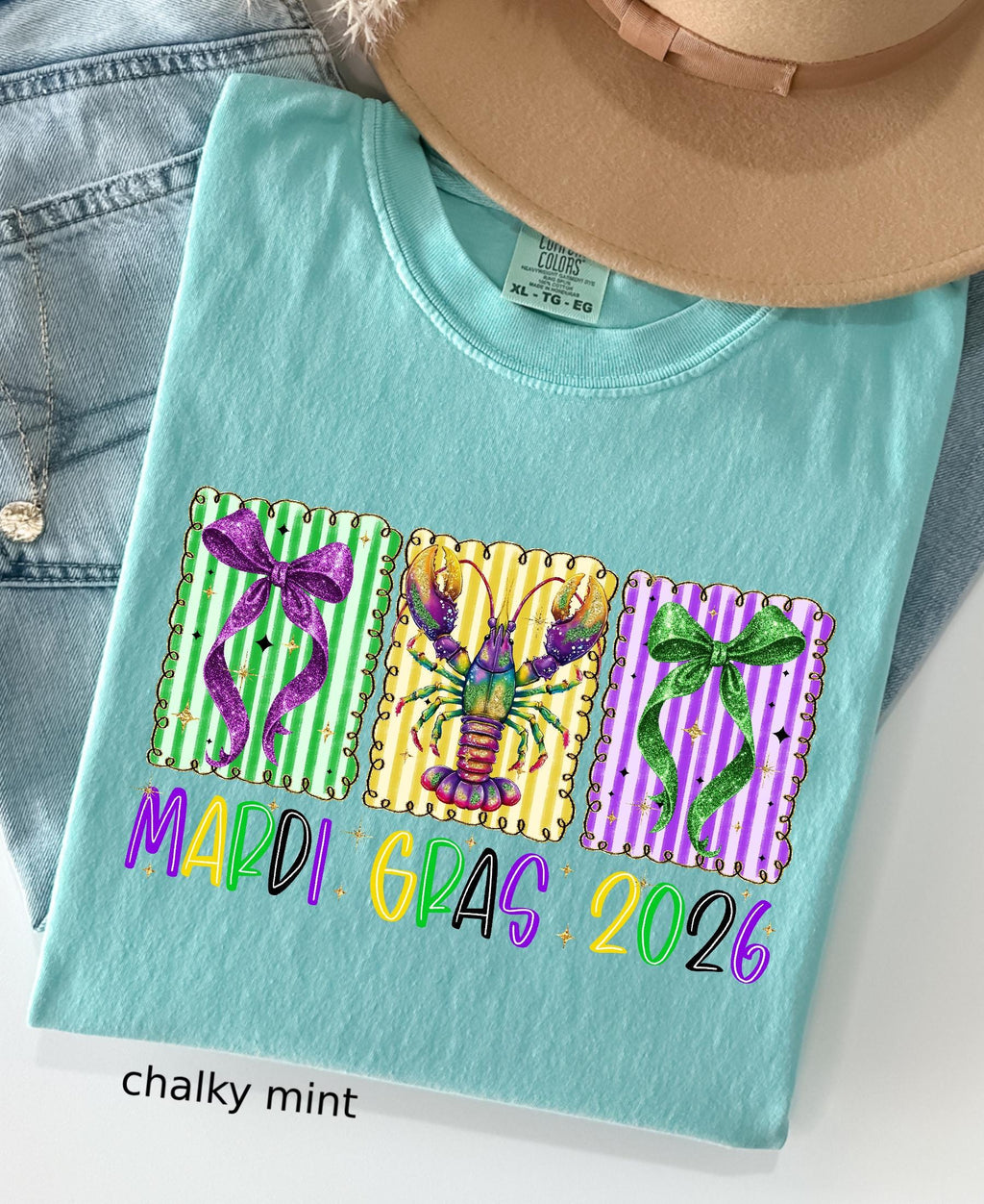Comfort Colors© Mardi Gras 2026 Shirt: Crawfish And Coquette Bow Carnival Tee, Fat Tuesday New Orleans Festival Women Gift