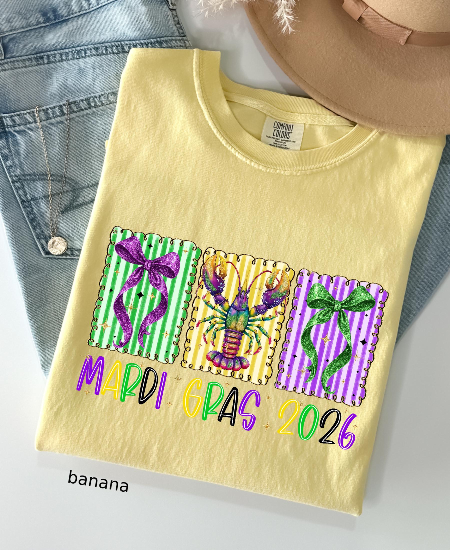 Comfort Colors© Mardi Gras 2026 Shirt: Crawfish And Coquette Bow Carnival Tee, Fat Tuesday New Orleans Festival Women Gift