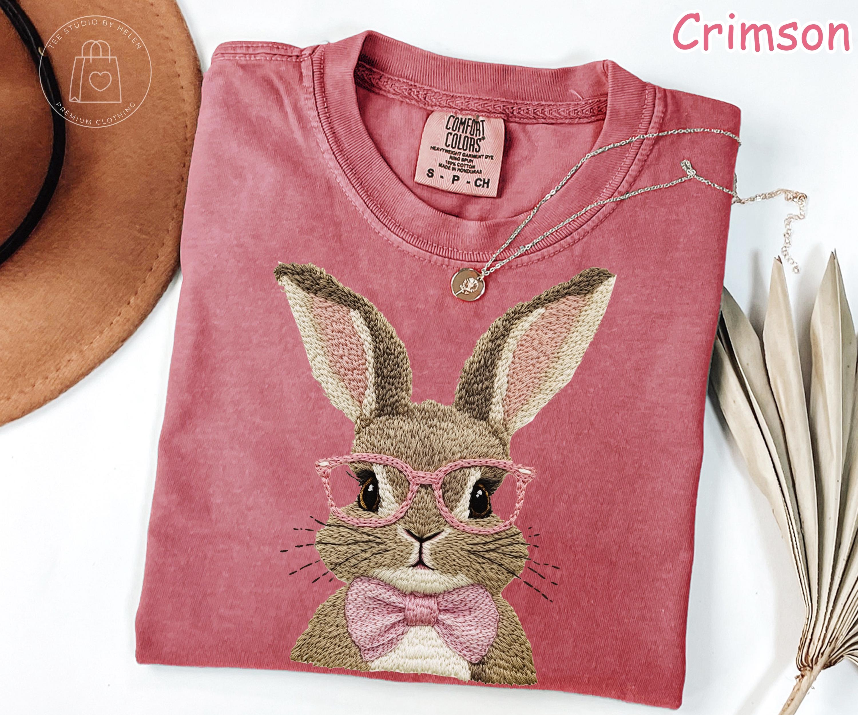 Comfort Colors Faux Embroidered Bunny T-Shirt, Rabbit with Glasses Tee, Easter Shirt
