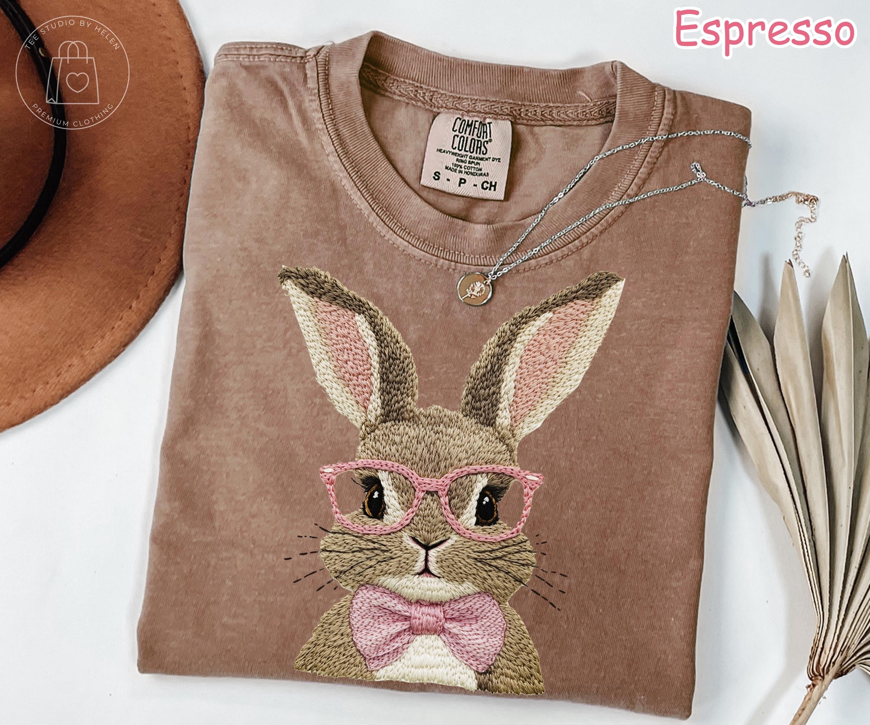 Comfort Colors Faux Embroidered Bunny T-Shirt, Rabbit with Glasses Tee, Easter Shirt