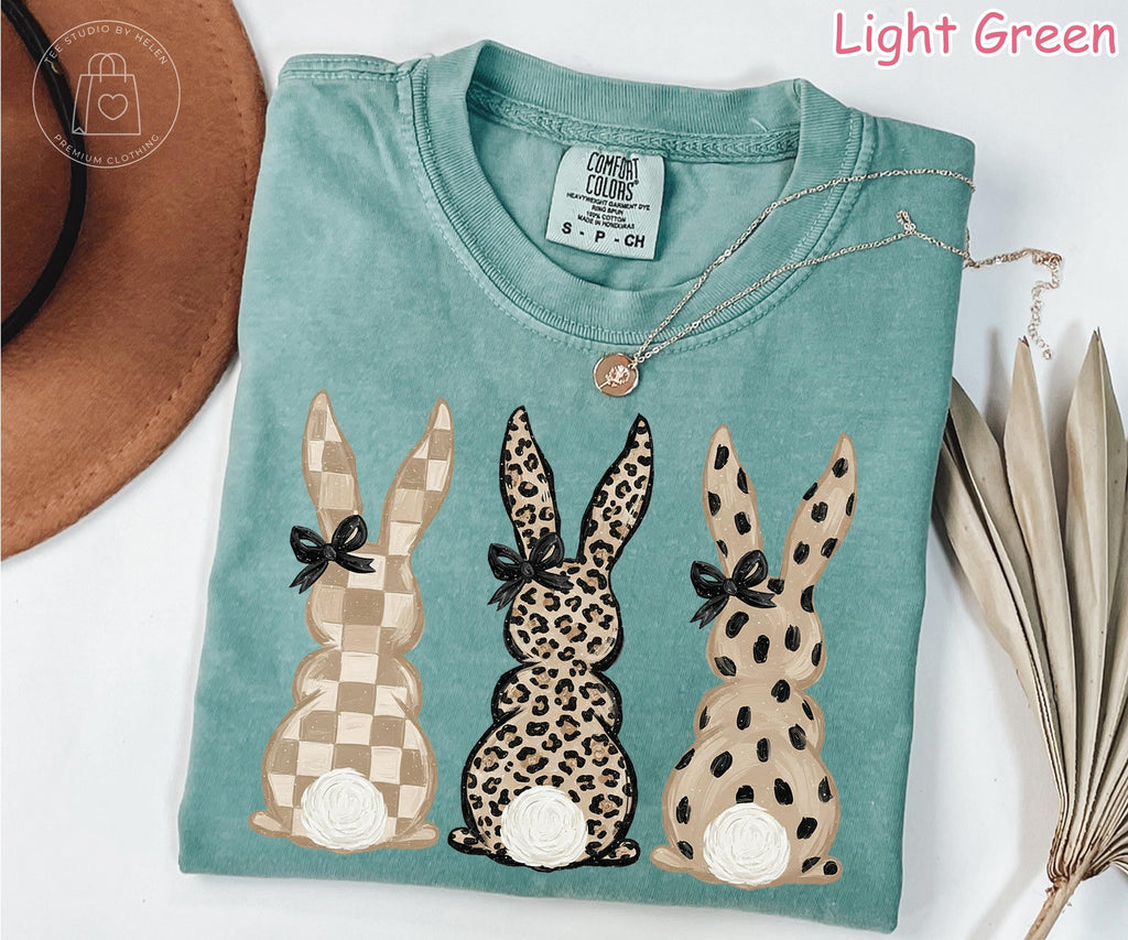 Comfort Colors® Checkered Leopard Print Easter Bunny Shirt, Neutral Bunny Graphic Tee, Cute Spring Bunny Shirt, Easter Gift for Women