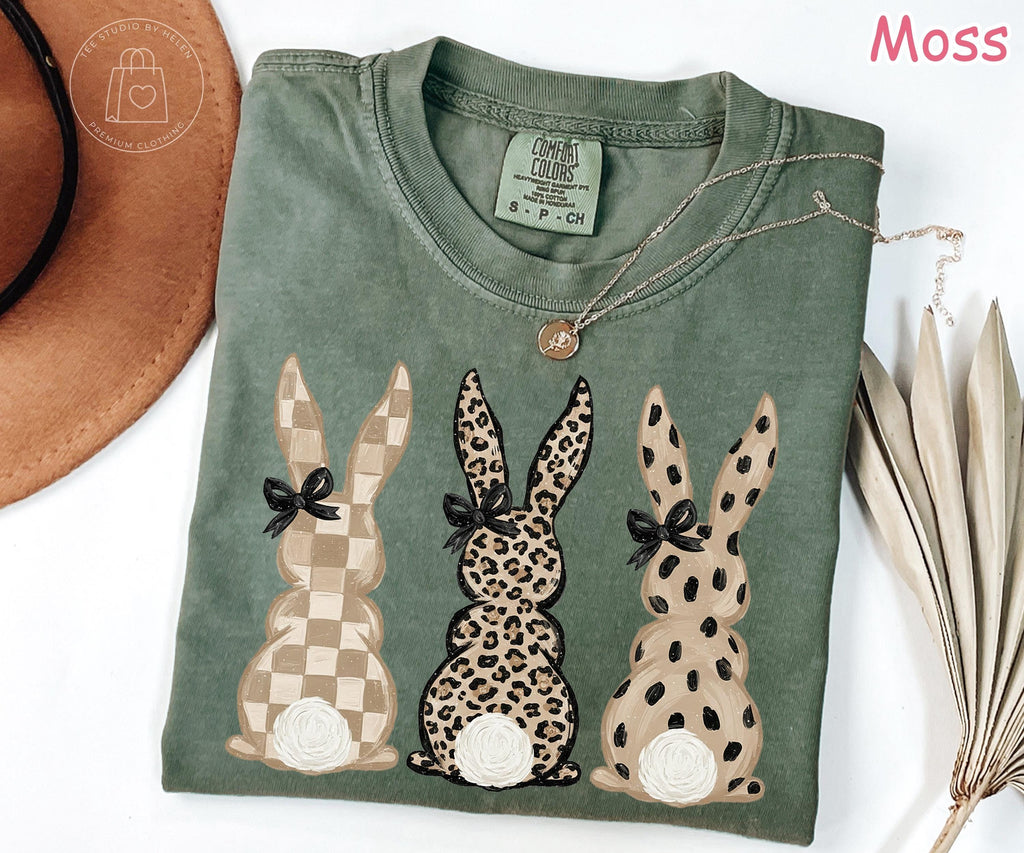 Comfort Colors® Checkered Leopard Print Easter Bunny Shirt, Neutral Bunny Graphic Tee, Cute Spring Bunny Shirt, Easter Gift for Women