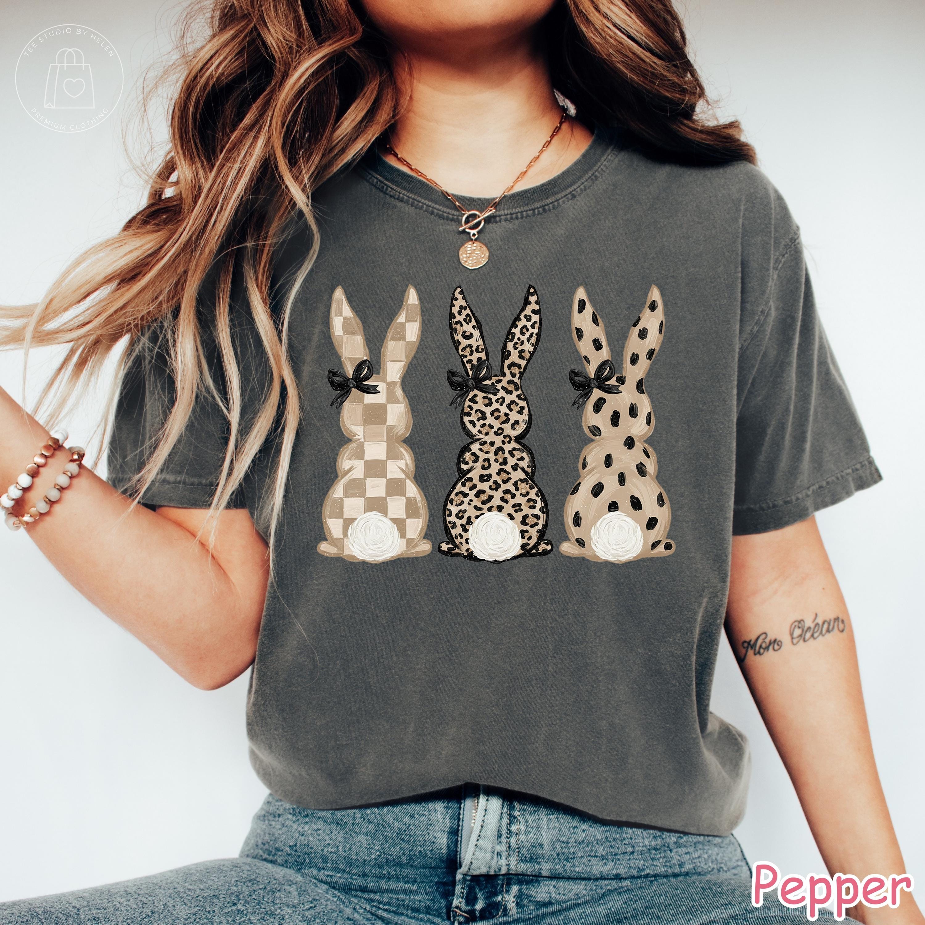 Comfort Colors® Checkered Leopard Print Easter Bunny Shirt, Neutral Bunny Graphic Tee, Cute Spring Bunny Shirt, Easter Gift for Women