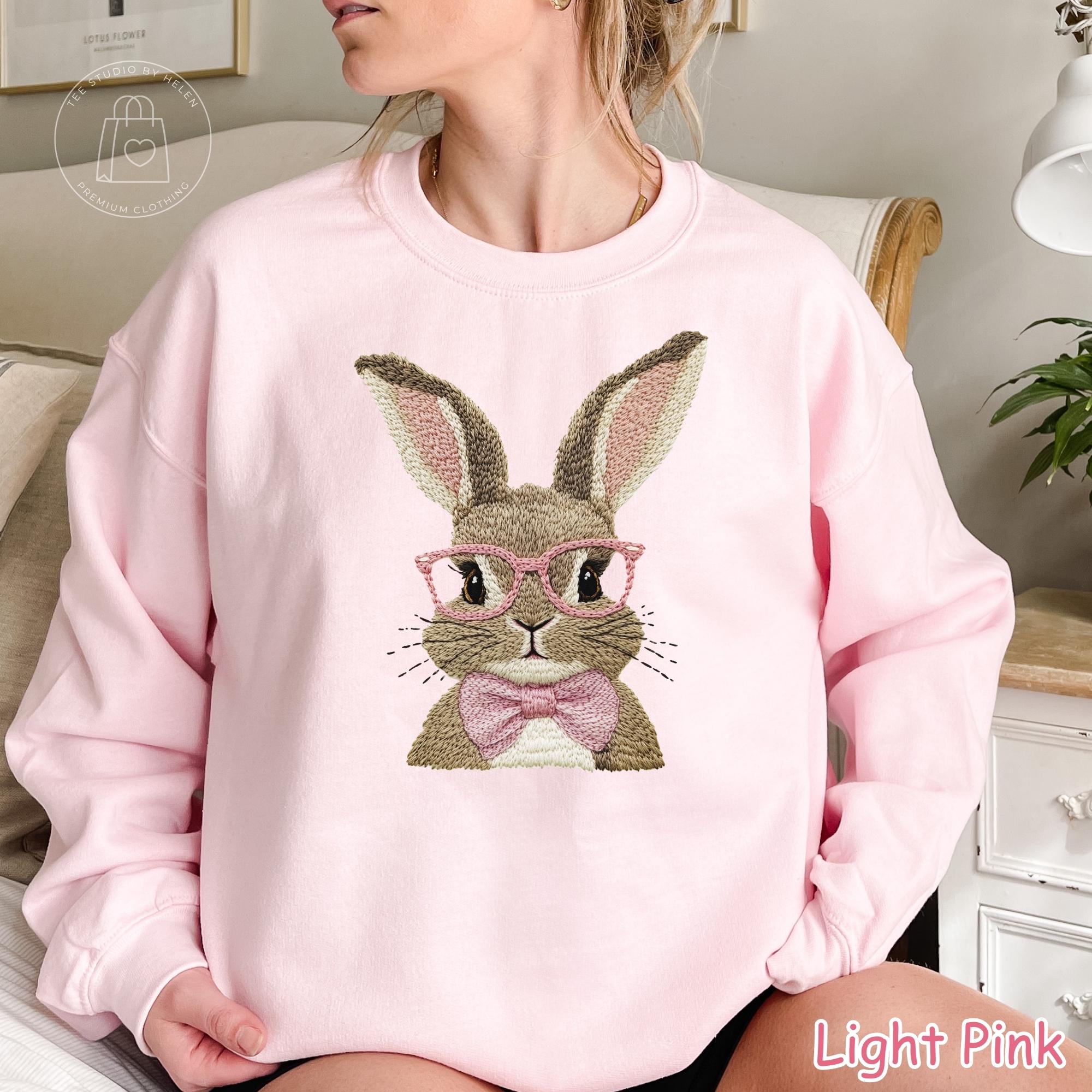 Faux Embroidered Easter Bunny Sweatshirt, Coquette Spring Bunny Sweater for Women, Bubble Gum Pink Bunny Shirt, Easter Gift