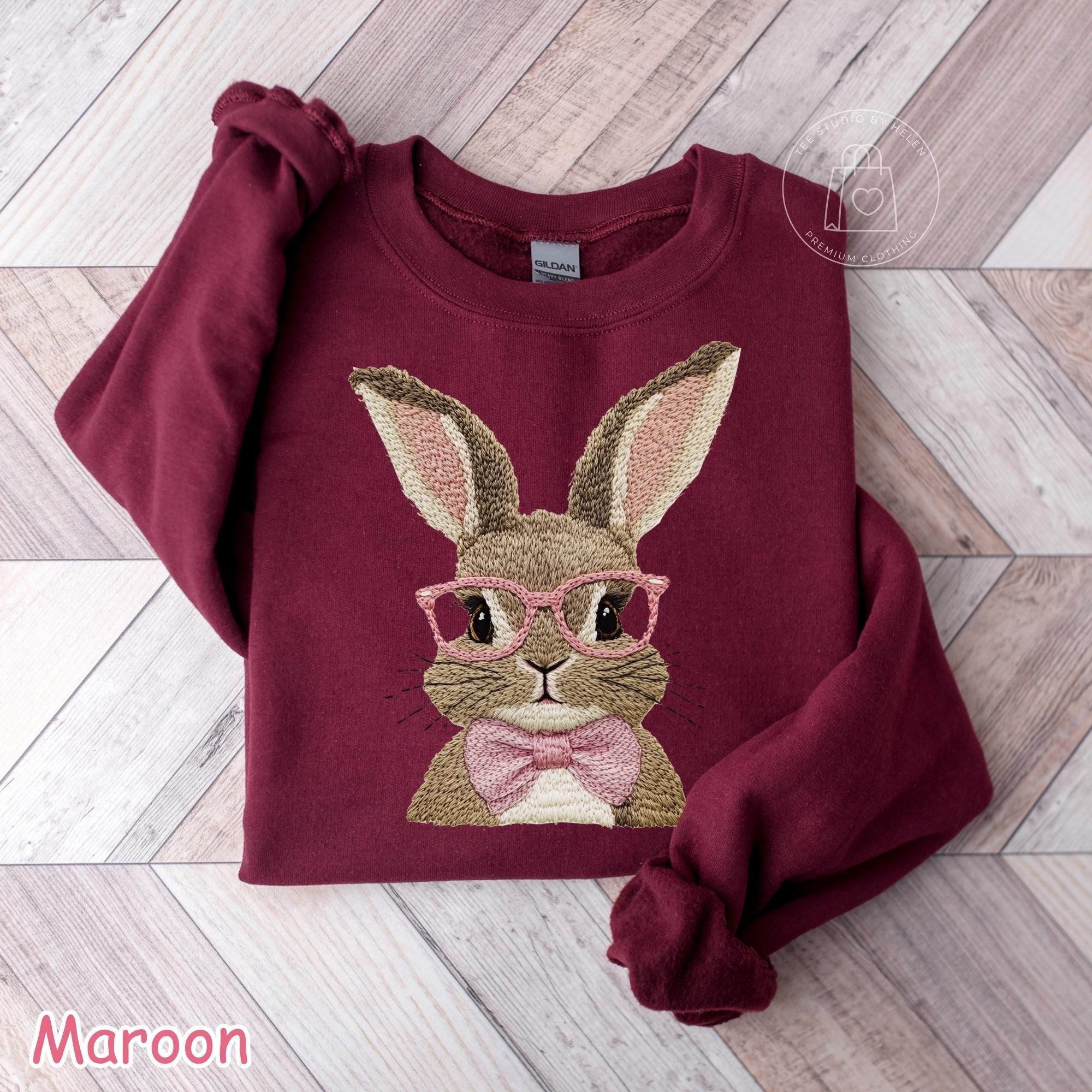 Faux Embroidered Easter Bunny Sweatshirt, Coquette Spring Bunny Sweater for Women, Bubble Gum Pink Bunny Shirt, Easter Gift