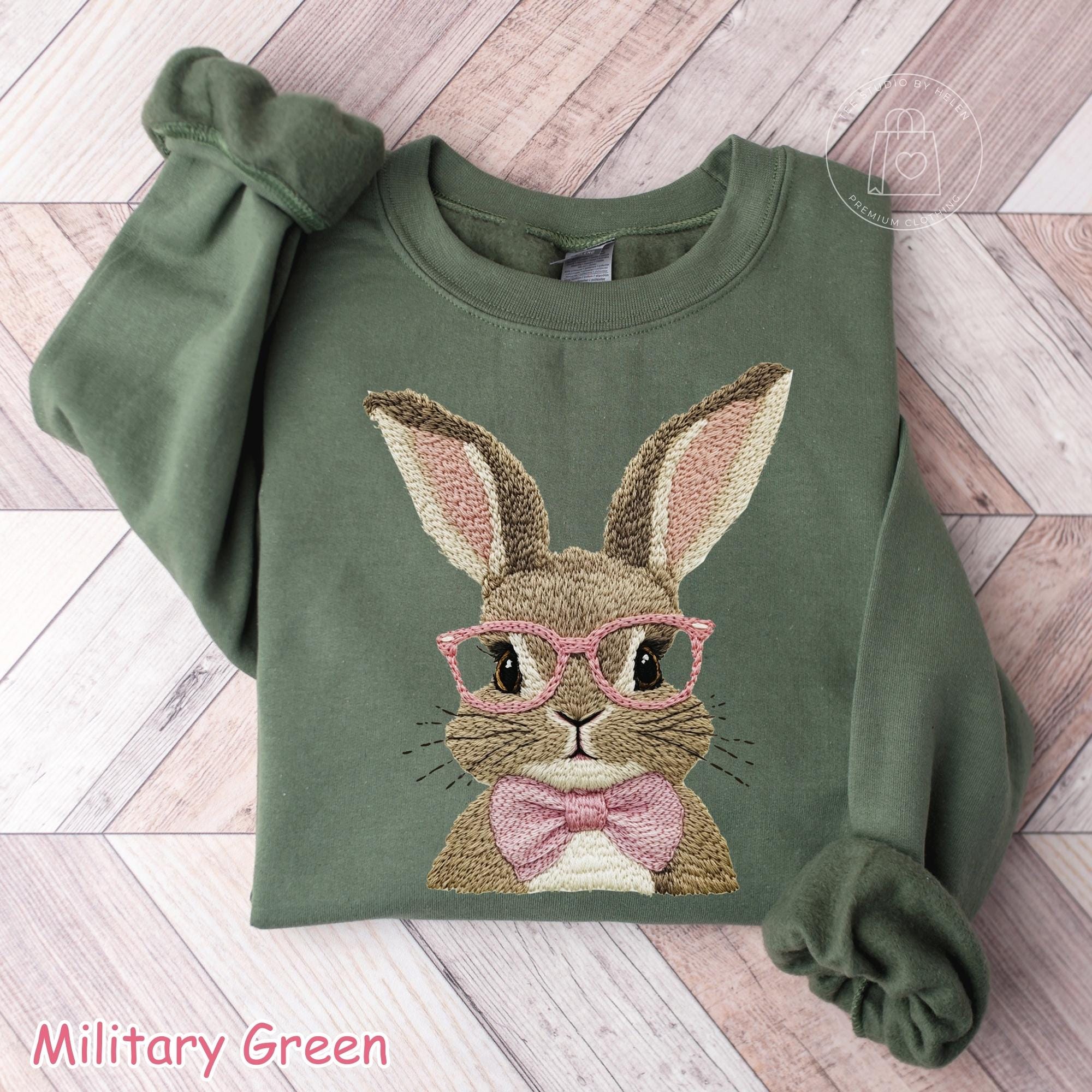 Faux Embroidered Easter Bunny Sweatshirt, Coquette Spring Bunny Sweater for Women, Bubble Gum Pink Bunny Shirt, Easter Gift