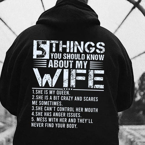 5 Things About My Wife Shirt, Funny Husband Hoodie, Crazy Wife Sweatshirt, Scares Me Sometimes, Marriage Humor Gift, Rude Mens Graphic Tee