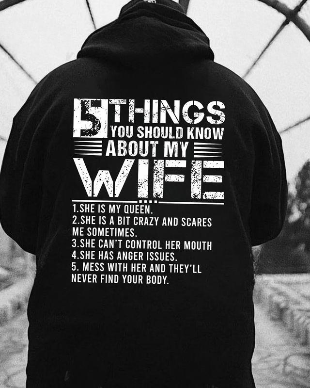 5 Things About My Wife Shirt, Funny Husband Hoodie, Crazy Wife Sweatshirt, Scares Me Sometimes, Marriage Humor Gift, Rude Mens Graphic Tee