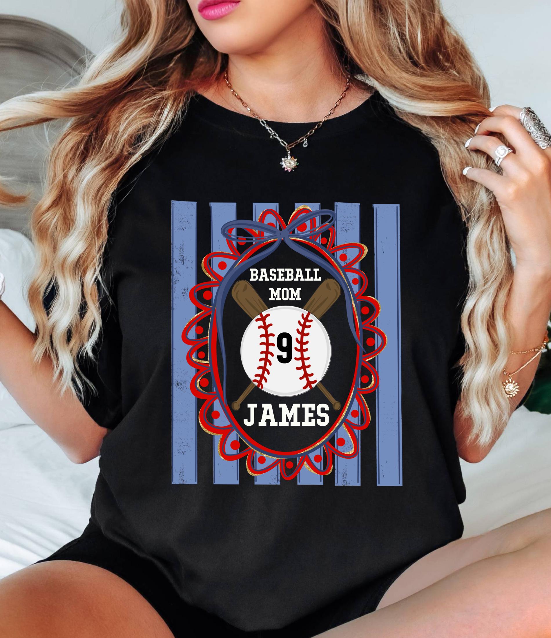 Custom Baseball Mom Comfort Colors Shirt, Personalize Name Number Baseball Tee Coquette Play Ball Sport T-Shirt, Preppy mothers day gift