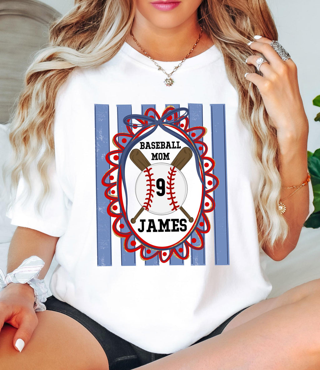 Custom Baseball Mom Comfort Colors Shirt, Personalize Name Number Baseball Tee Coquette Play Ball Sport T-Shirt, Preppy mothers day gift