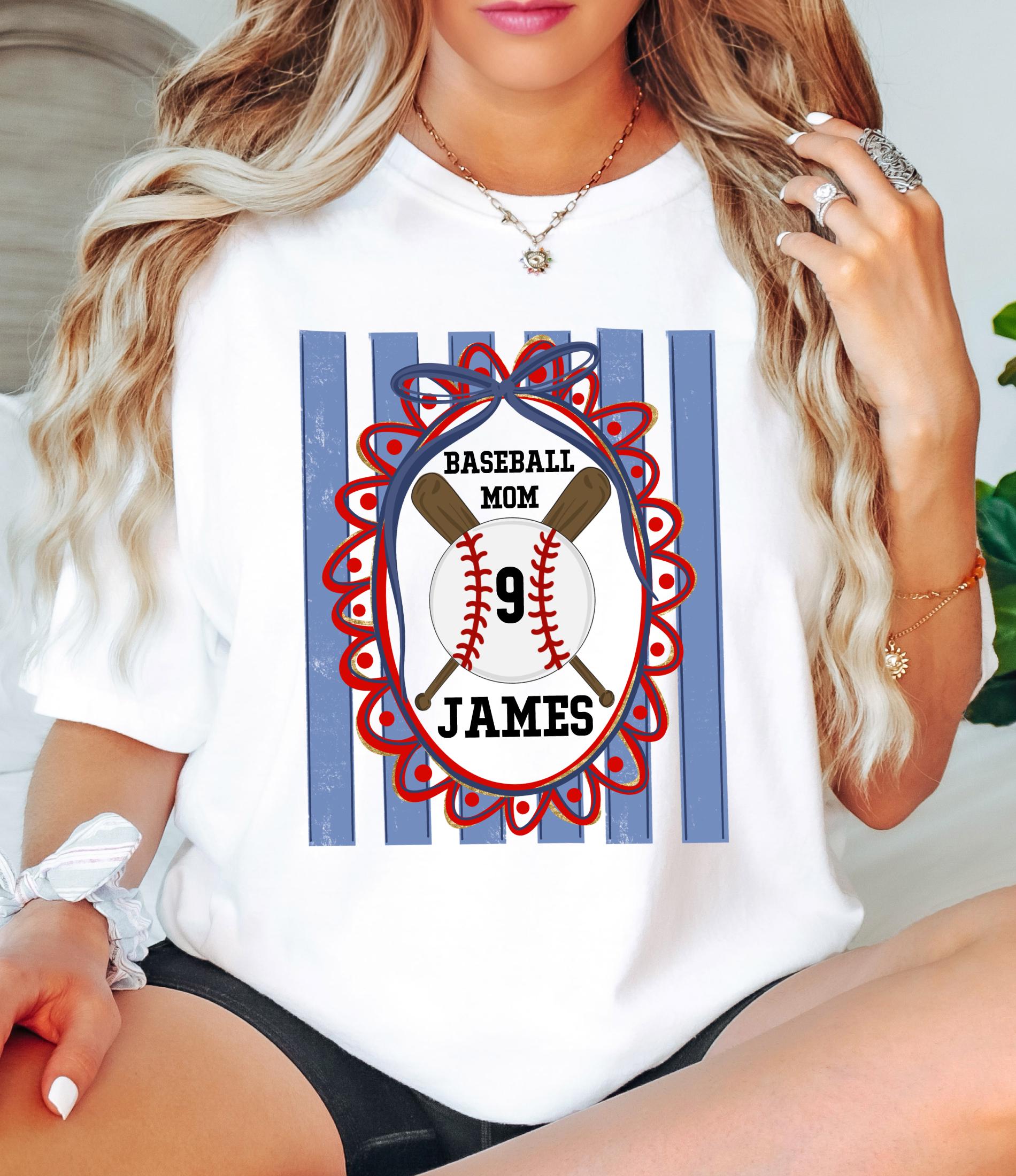 Custom Baseball Mom Comfort Colors Shirt, Personalize Name Number Baseball Tee Coquette Play Ball Sport T-Shirt, Preppy mothers day gift