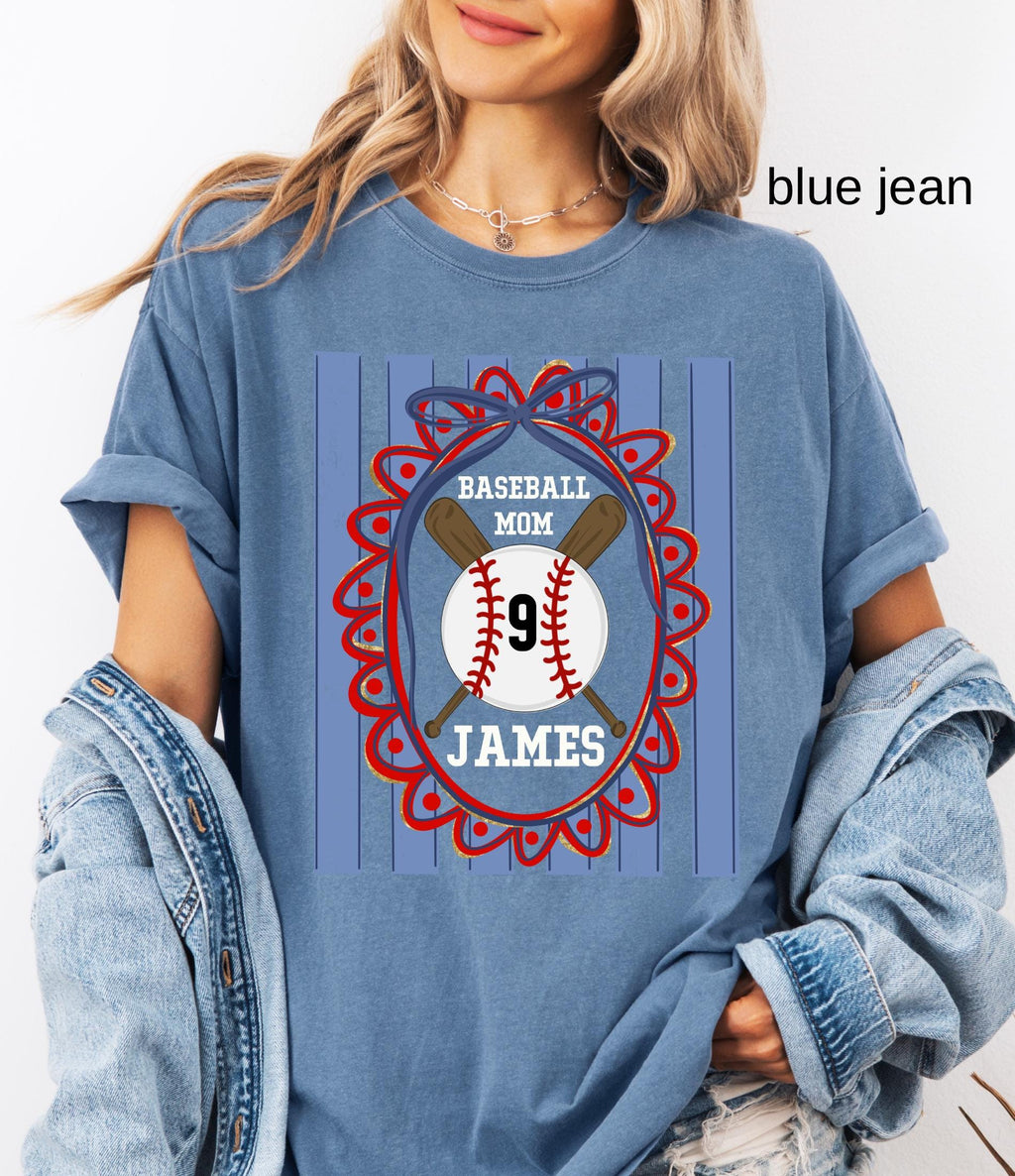 Custom Baseball Mom Comfort Colors Shirt, Personalize Name Number Baseball Tee Coquette Play Ball Sport T-Shirt, Preppy mothers day gift