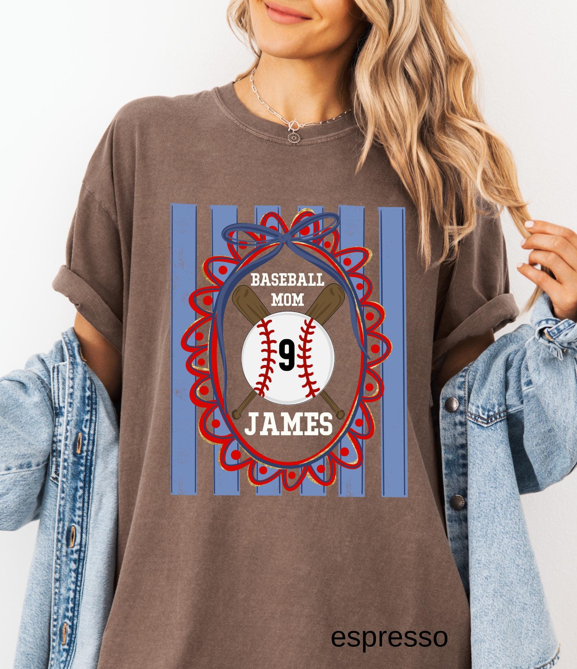 Custom Baseball Mom Comfort Colors Shirt, Personalize Name Number Baseball Tee Coquette Play Ball Sport T-Shirt, Preppy mothers day gift