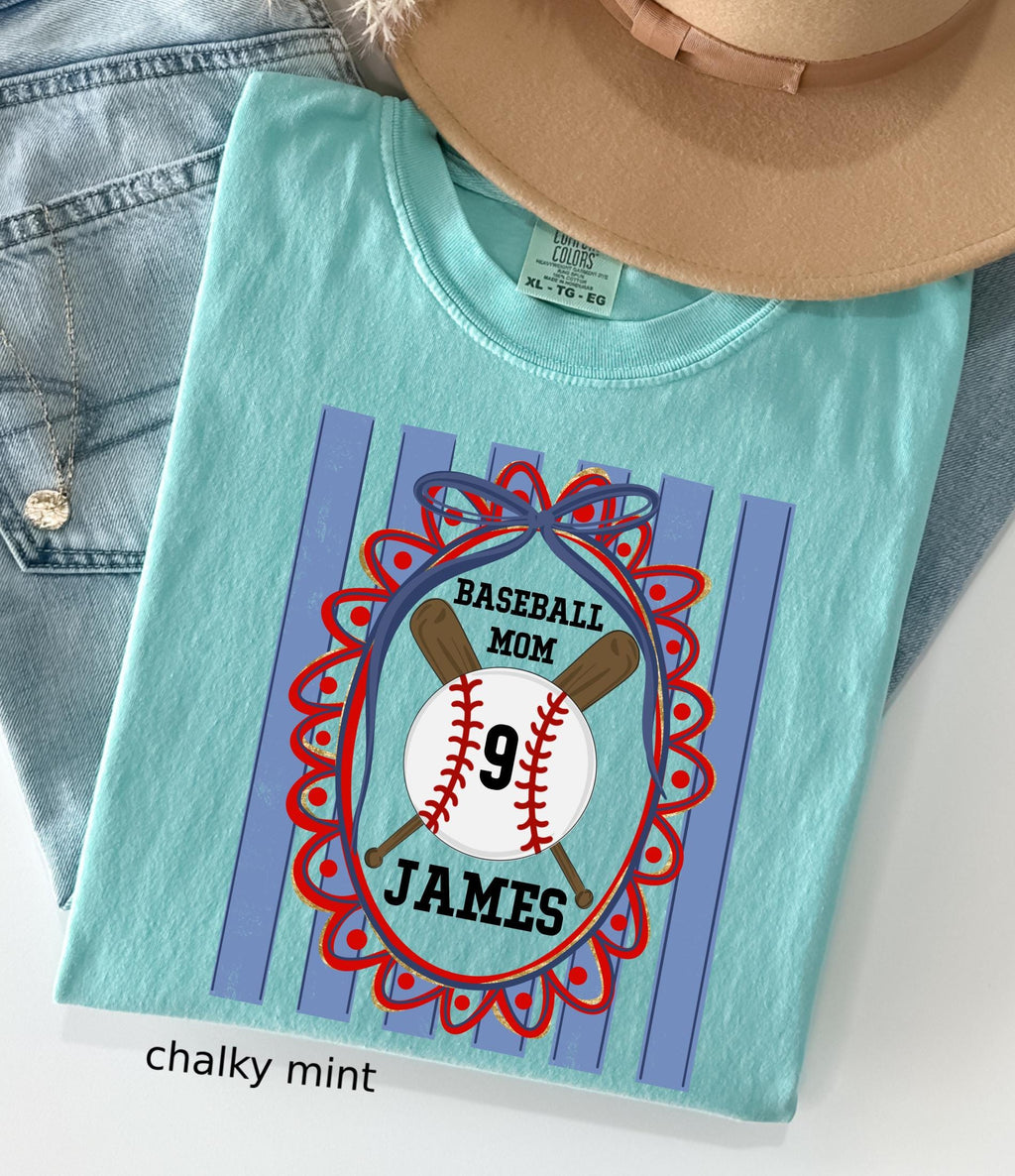 Custom Baseball Mom Comfort Colors Shirt, Personalize Name Number Baseball Tee Coquette Play Ball Sport T-Shirt, Preppy mothers day gift