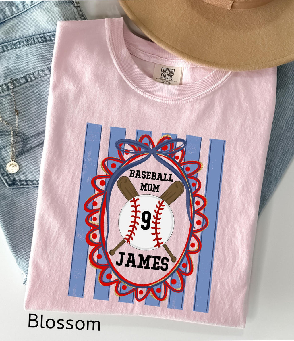 Custom Baseball Mom Comfort Colors Shirt, Personalize Name Number Baseball Tee Coquette Play Ball Sport T-Shirt, Preppy mothers day gift