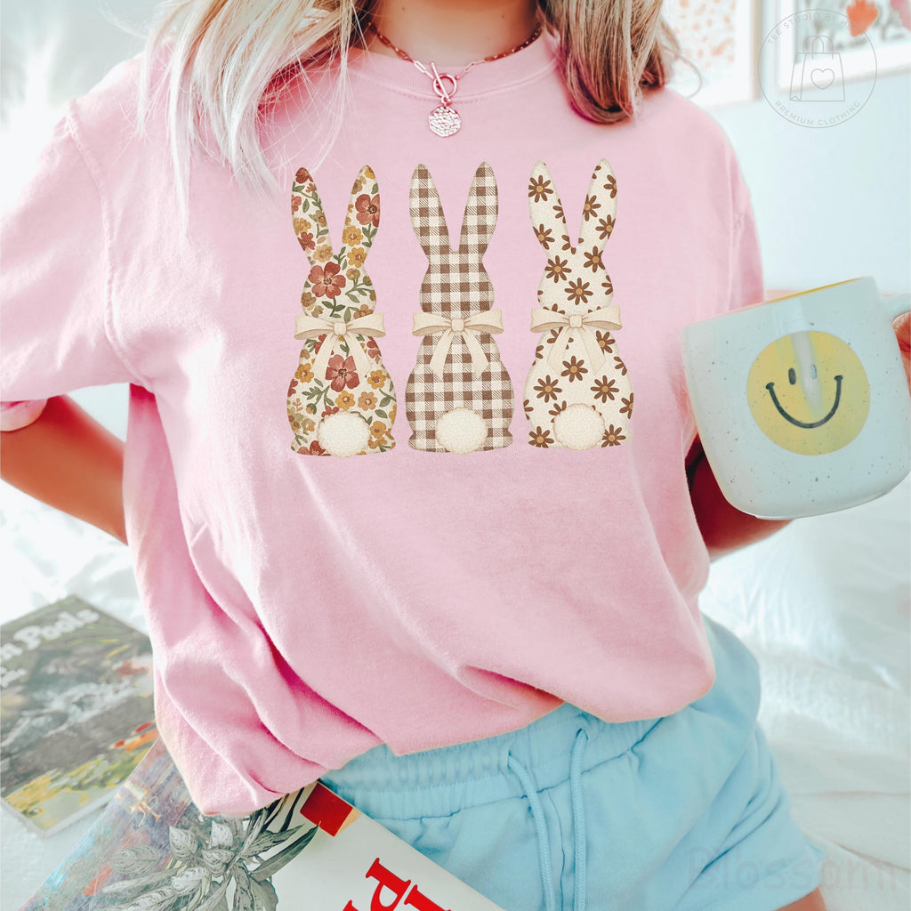 Comfort Colors Easter Bunny Shirt, Floral Gingham Tee