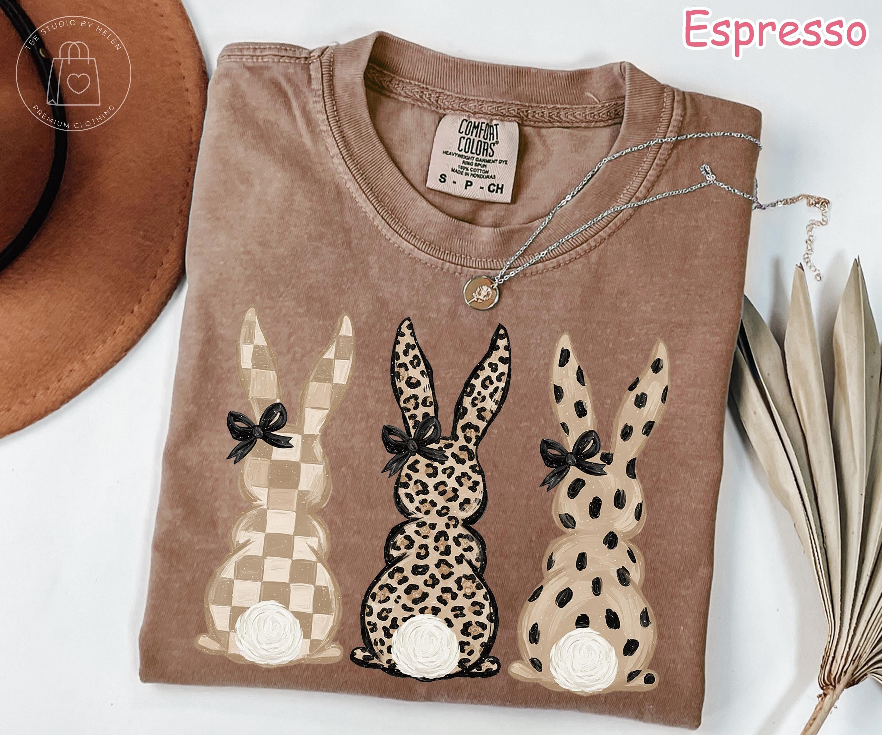 Comfort Colors® Checkered Leopard Print Easter Bunny Shirt, Neutral Bunny Graphic Tee, Cute Spring Bunny Shirt, Easter Gift for Women