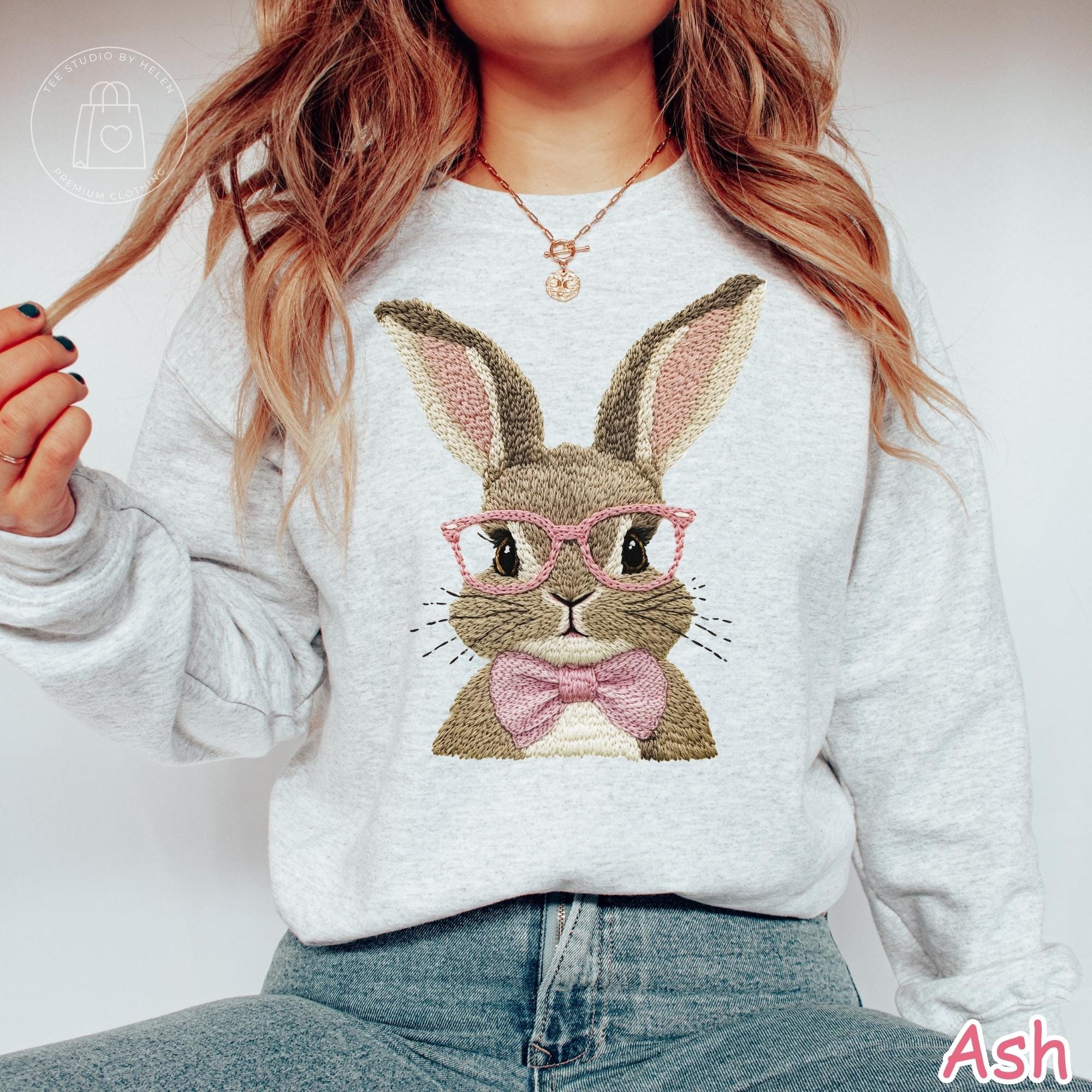 Faux Embroidered Easter Bunny Sweatshirt, Coquette Spring Bunny Sweater for Women, Bubble Gum Pink Bunny Shirt, Easter Gift