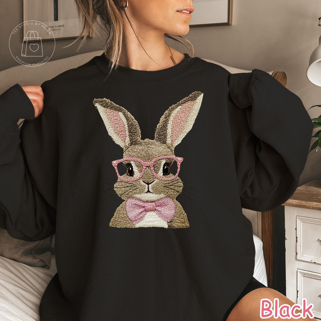 Faux Embroidered Easter Bunny Sweatshirt, Coquette Spring Bunny Sweater for Women, Bubble Gum Pink Bunny Shirt, Easter Gift