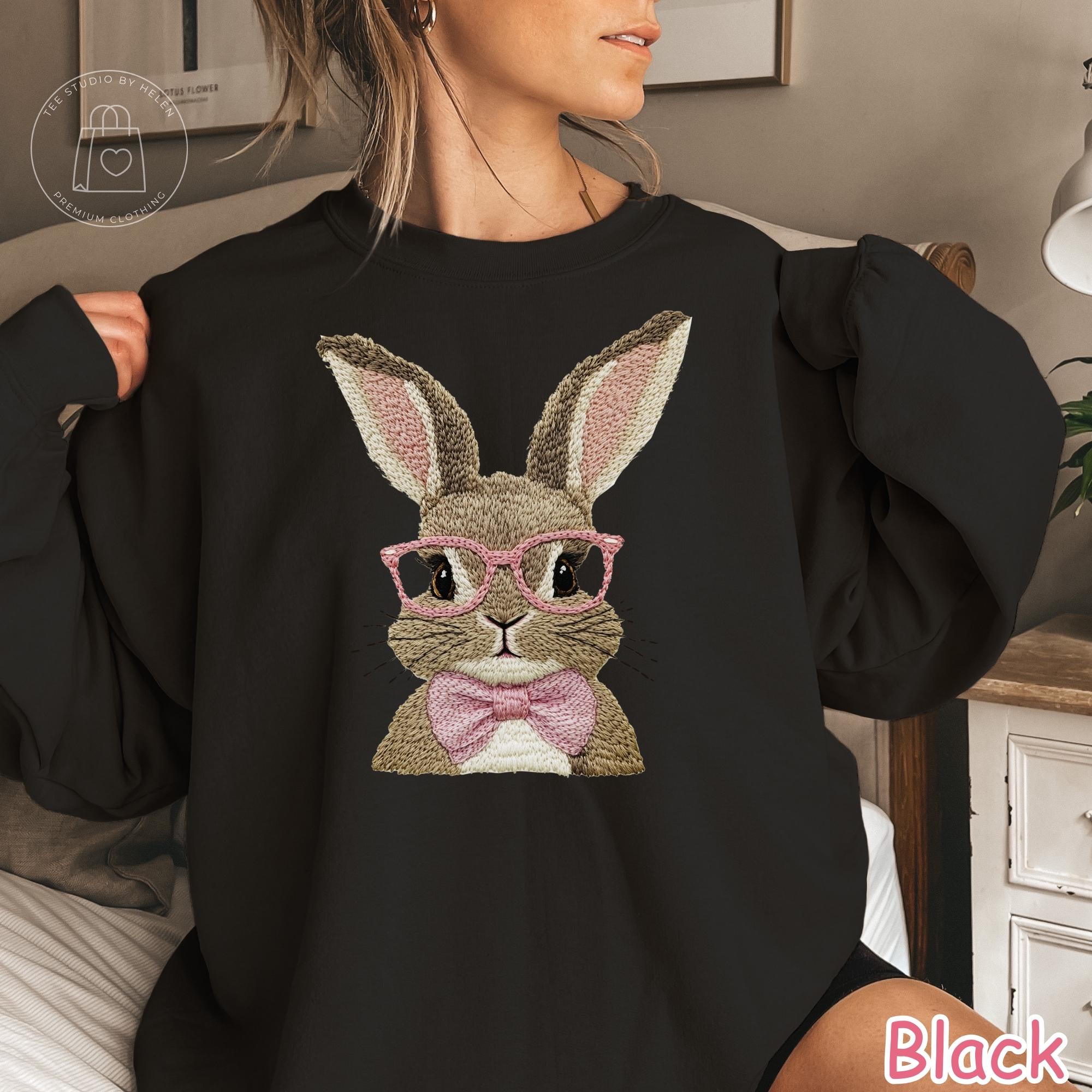 Faux Embroidered Easter Bunny Sweatshirt, Coquette Spring Bunny Sweater for Women, Bubble Gum Pink Bunny Shirt, Easter Gift