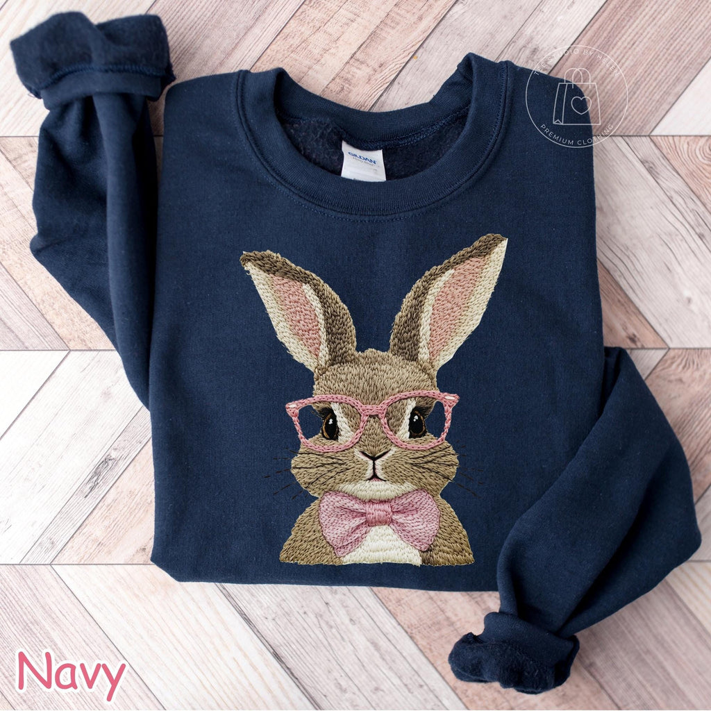 Faux Embroidered Easter Bunny Sweatshirt, Coquette Spring Bunny Sweater for Women, Bubble Gum Pink Bunny Shirt, Easter Gift