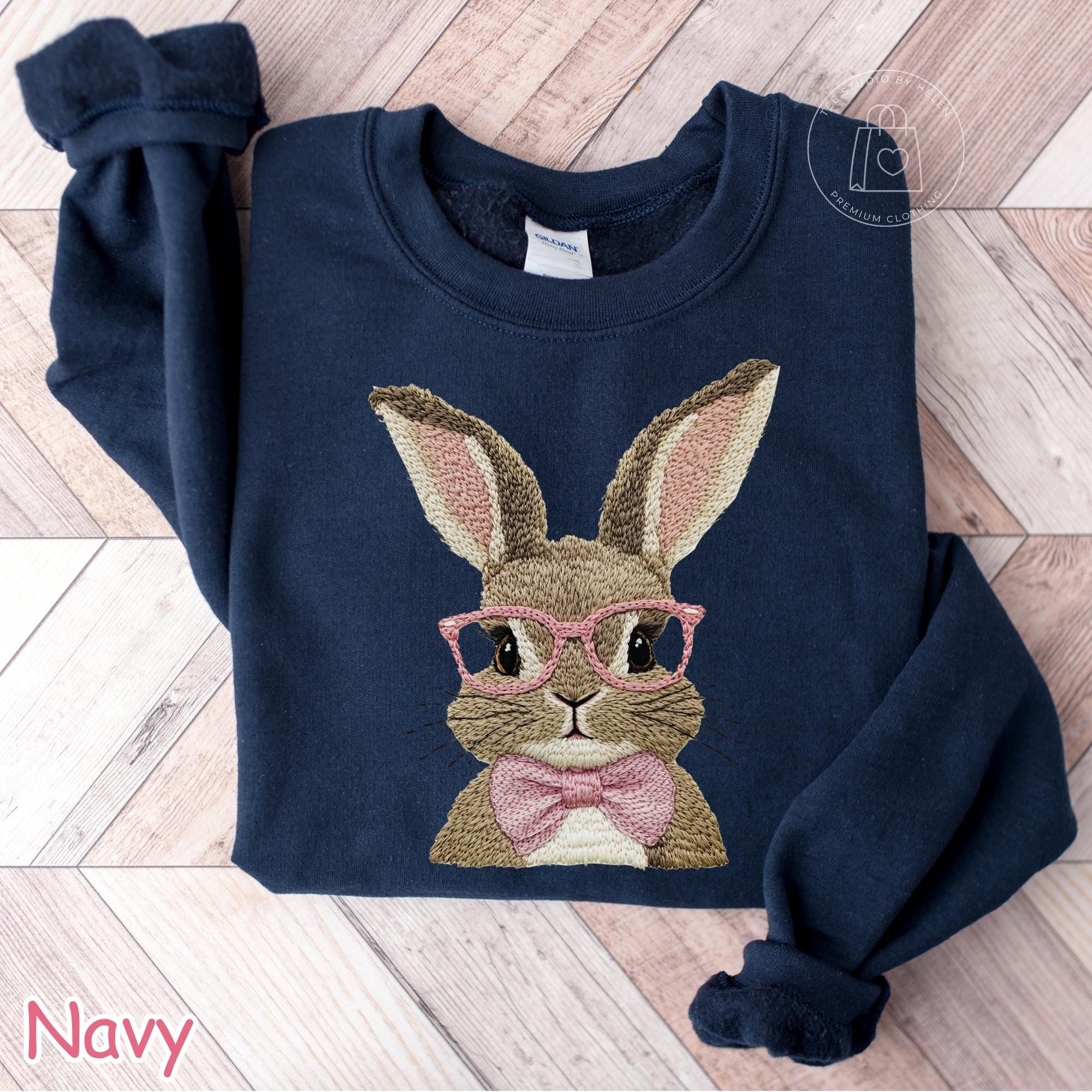 Faux Embroidered Easter Bunny Sweatshirt, Coquette Spring Bunny Sweater for Women, Bubble Gum Pink Bunny Shirt, Easter Gift