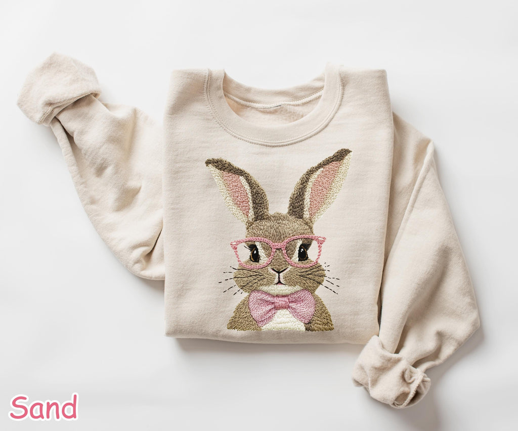 Faux Embroidered Easter Bunny Sweatshirt, Coquette Spring Bunny Sweater for Women, Bubble Gum Pink Bunny Shirt, Easter Gift