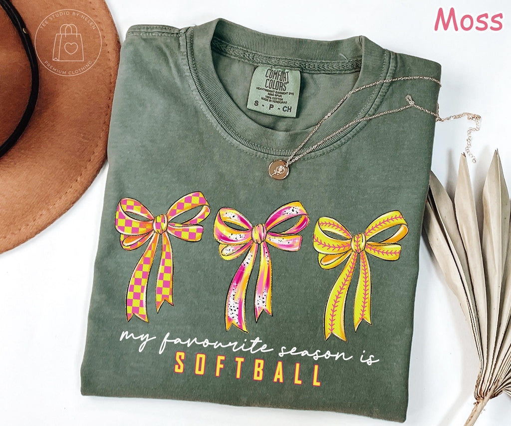 Comfort Colors® Softball Bow Shirt, My Favorite Season Is Softball Shirt, Cute Softball Mom Tee, Softball Graphic Shirt, Game Day T-Shirt