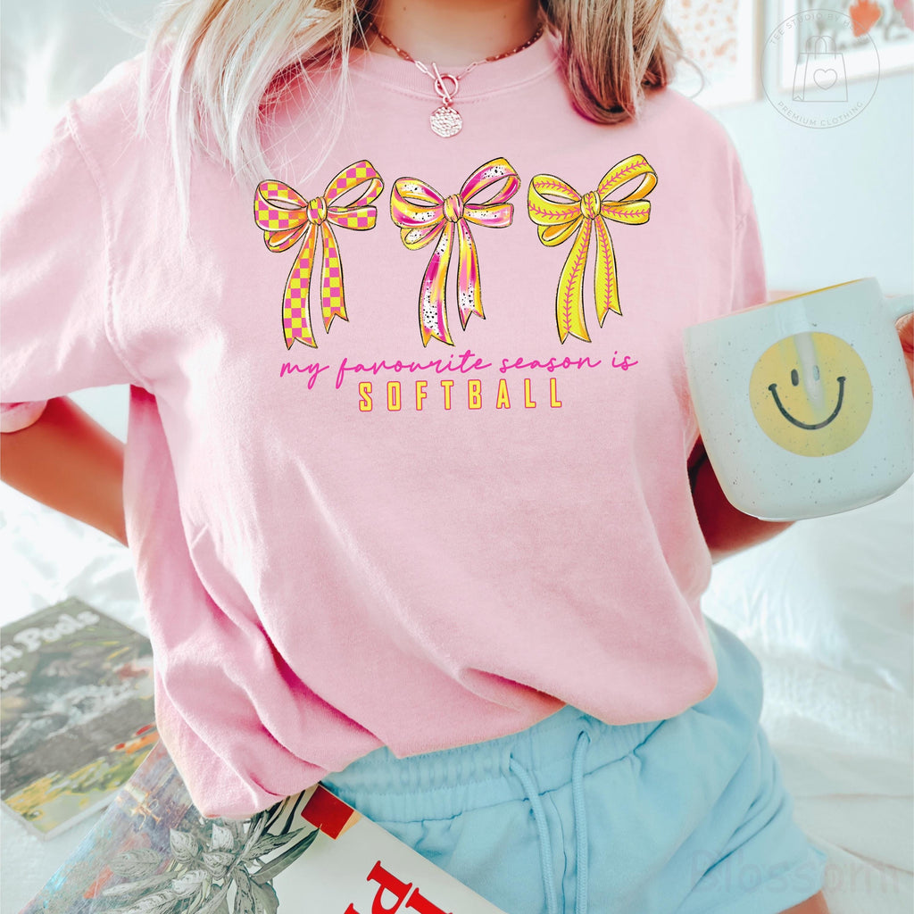 Comfort Colors® Softball Bow Shirt, My Favorite Season Is Softball Shirt, Cute Softball Mom Tee, Softball Graphic Shirt, Game Day T-Shirt