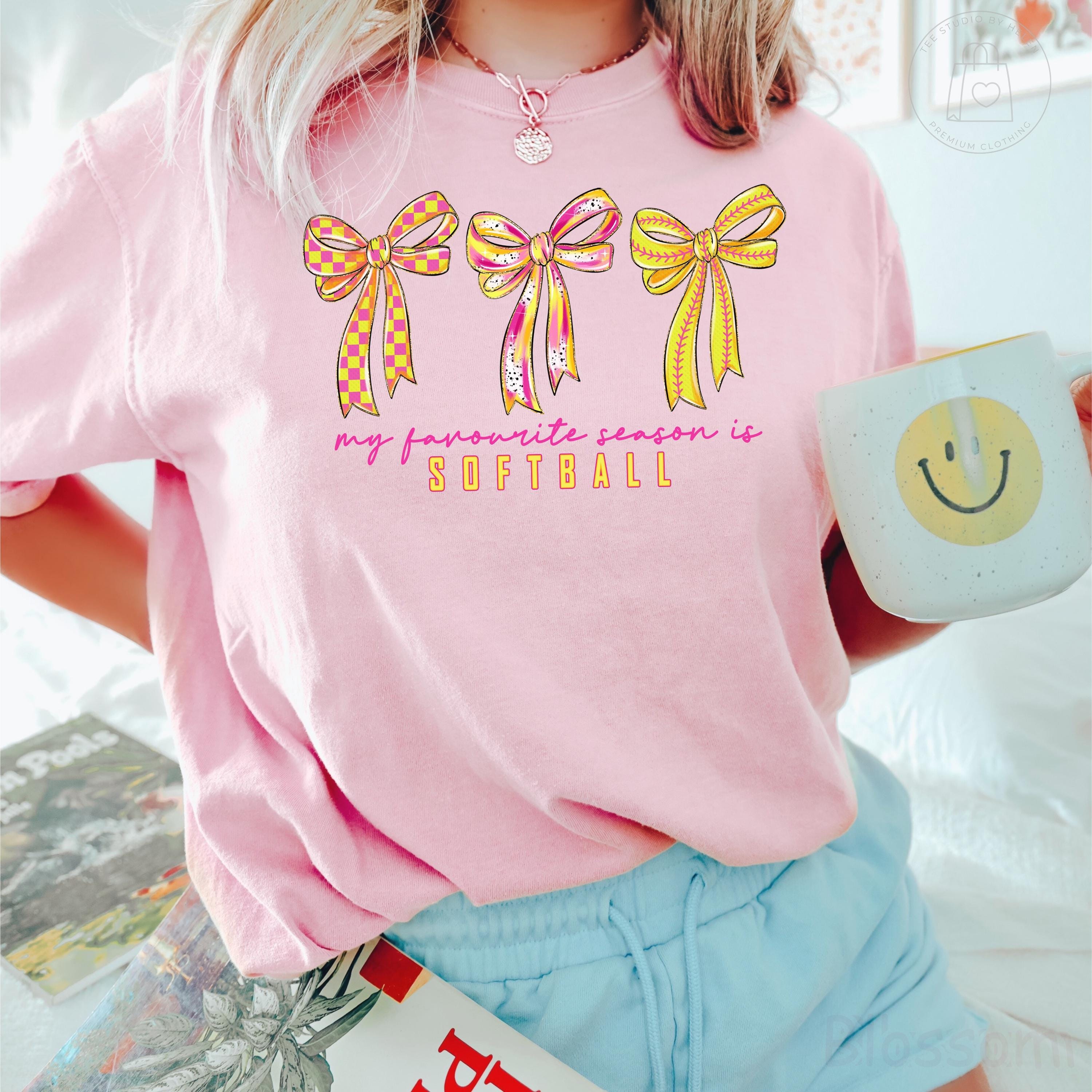 Comfort Colors® Softball Bow Shirt, My Favorite Season Is Softball Shirt, Cute Softball Mom Tee, Softball Graphic Shirt, Game Day T-Shirt