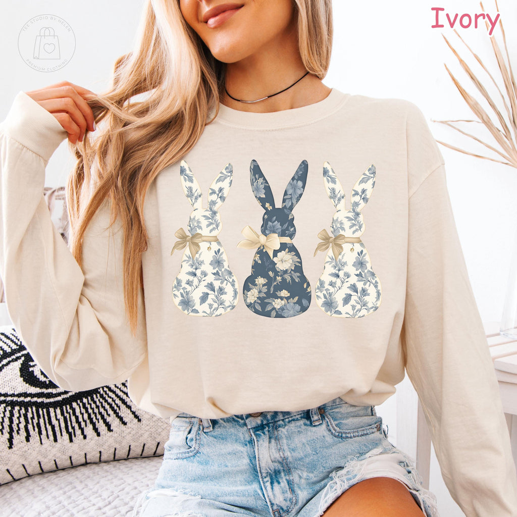 Comfort Colors® Floral Bunny Long Sleeve Shirt, Coquette Easter Spring Crewneck