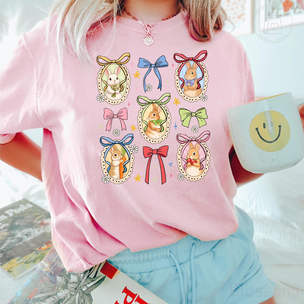 Comfort Colors® Coquette Bunny Shirt, Floral Easter Bunny Shirt, Cottagecore Spring Bunny T-Shirt, Cute Rabbit Bow Tee, Vintage Easter Shirt
