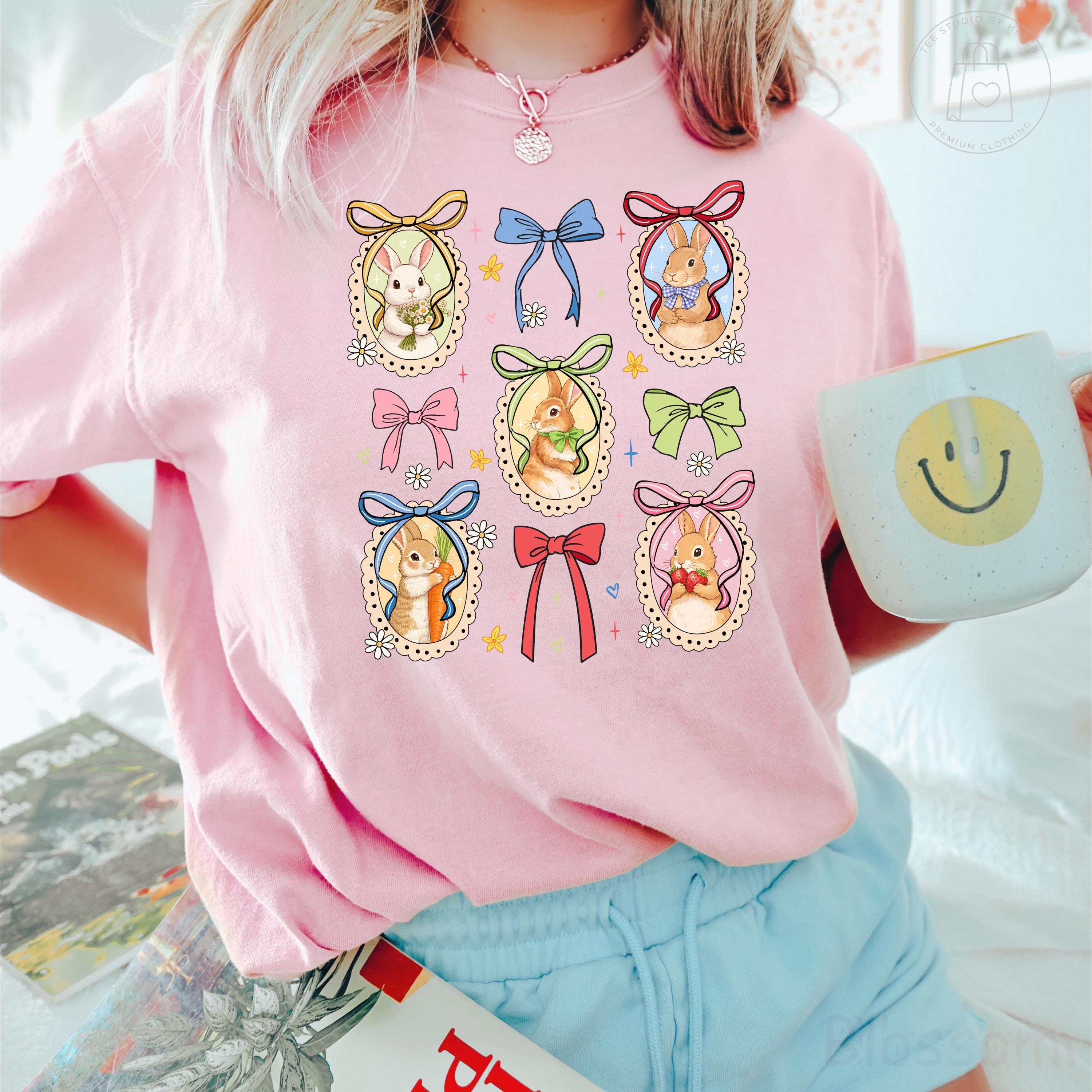 Comfort Colors® Coquette Bunny Shirt, Floral Easter Bunny Shirt, Cottagecore Spring Bunny T-Shirt, Cute Rabbit Bow Tee, Vintage Easter Shirt