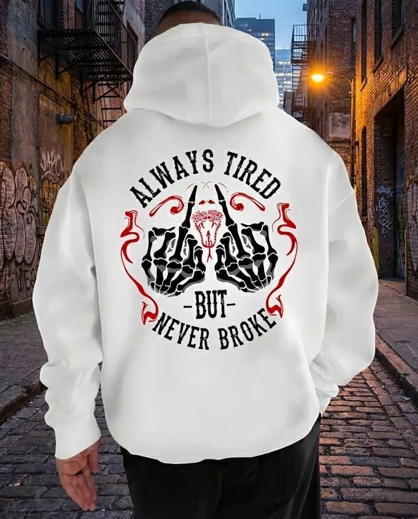 Always Tired Never Broke Shirt, Skeleton Middle Finger Hoodie, Grunge Sweatshirt, Edgy Hustle Tee, Rude Gift, Snake Graphic, Dark Humor