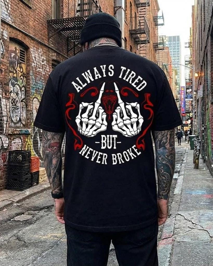 Always Tired Never Broke Shirt, Skeleton Middle Finger Hoodie, Grunge Sweatshirt, Edgy Hustle Tee, Rude Gift, Snake Graphic, Dark Humor