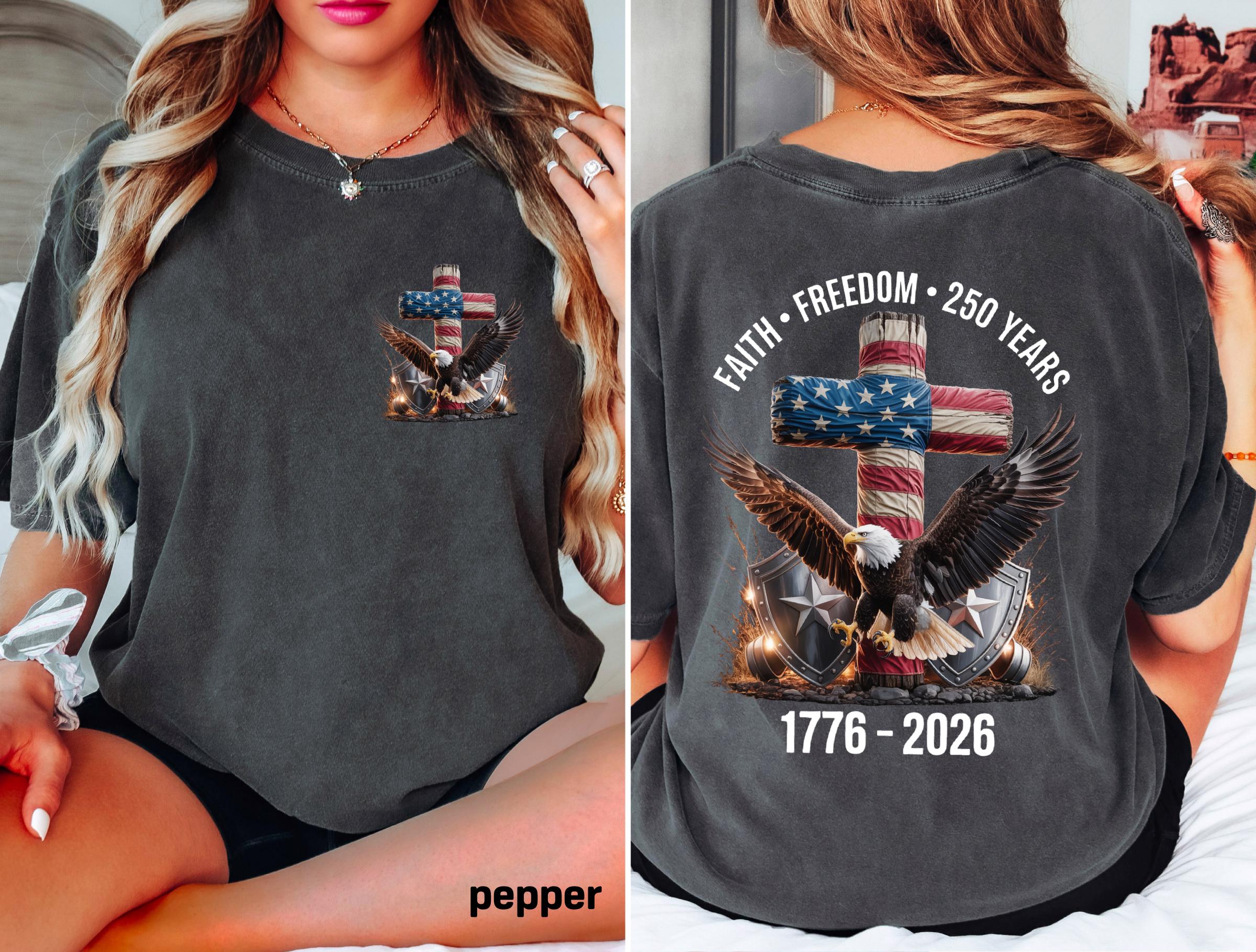 Freedom 250th Anniversary Shirt, Comfort Colors Christian Cross USA 250 Years Independence Tee, 1776–2026 America Patriotic 4th of July Gift