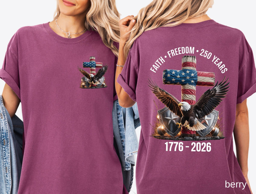 Freedom 250th Anniversary Shirt, Comfort Colors Christian Cross USA 250 Years Independence Tee, 1776–2026 America Patriotic 4th of July Gift