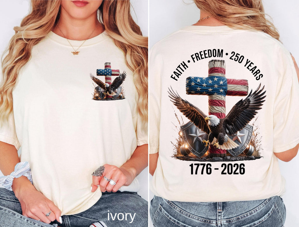 Freedom 250th Anniversary Shirt, Comfort Colors Christian Cross USA 250 Years Independence Tee, 1776–2026 America Patriotic 4th of July Gift