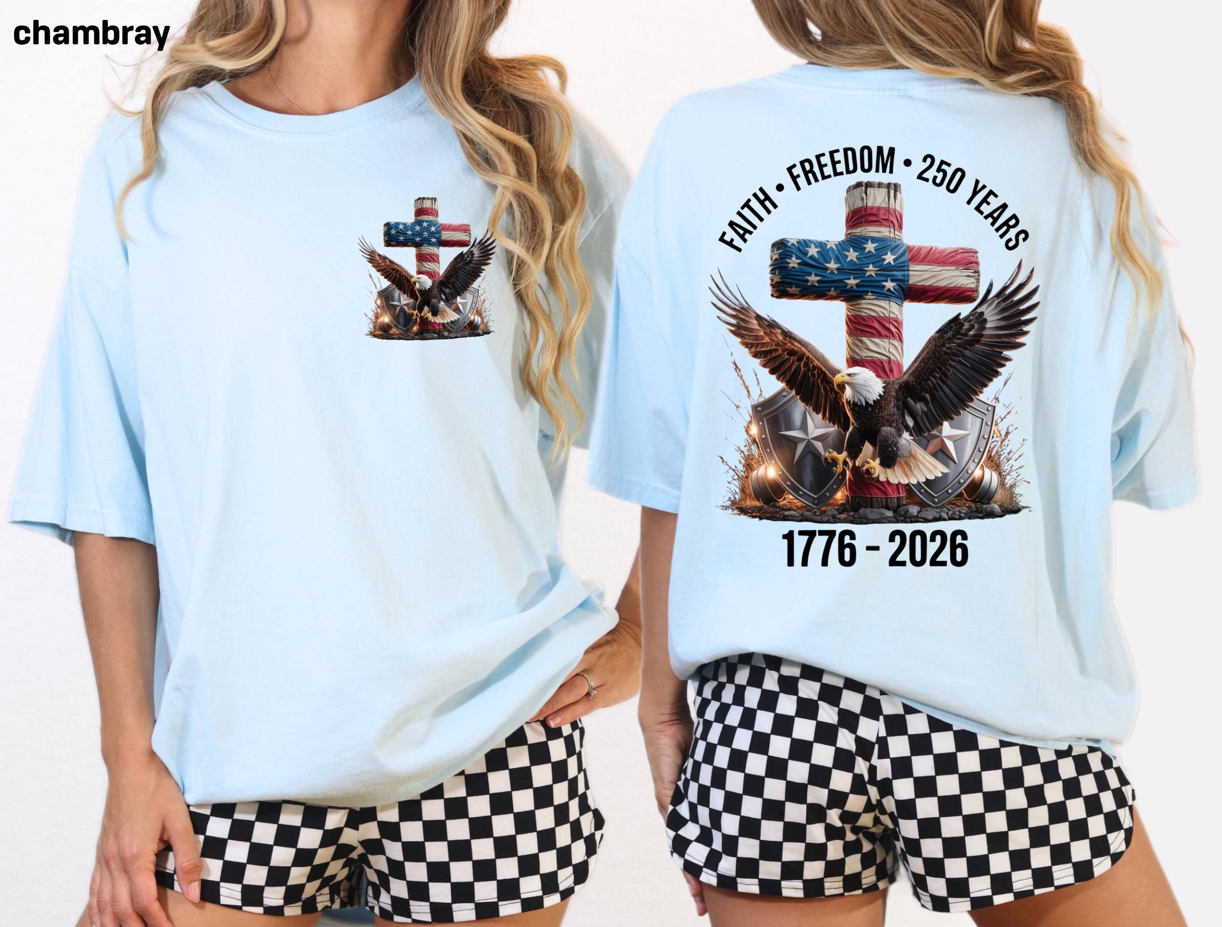 Freedom 250th Anniversary Shirt, Comfort Colors Christian Cross USA 250 Years Independence Tee, 1776–2026 America Patriotic 4th of July Gift